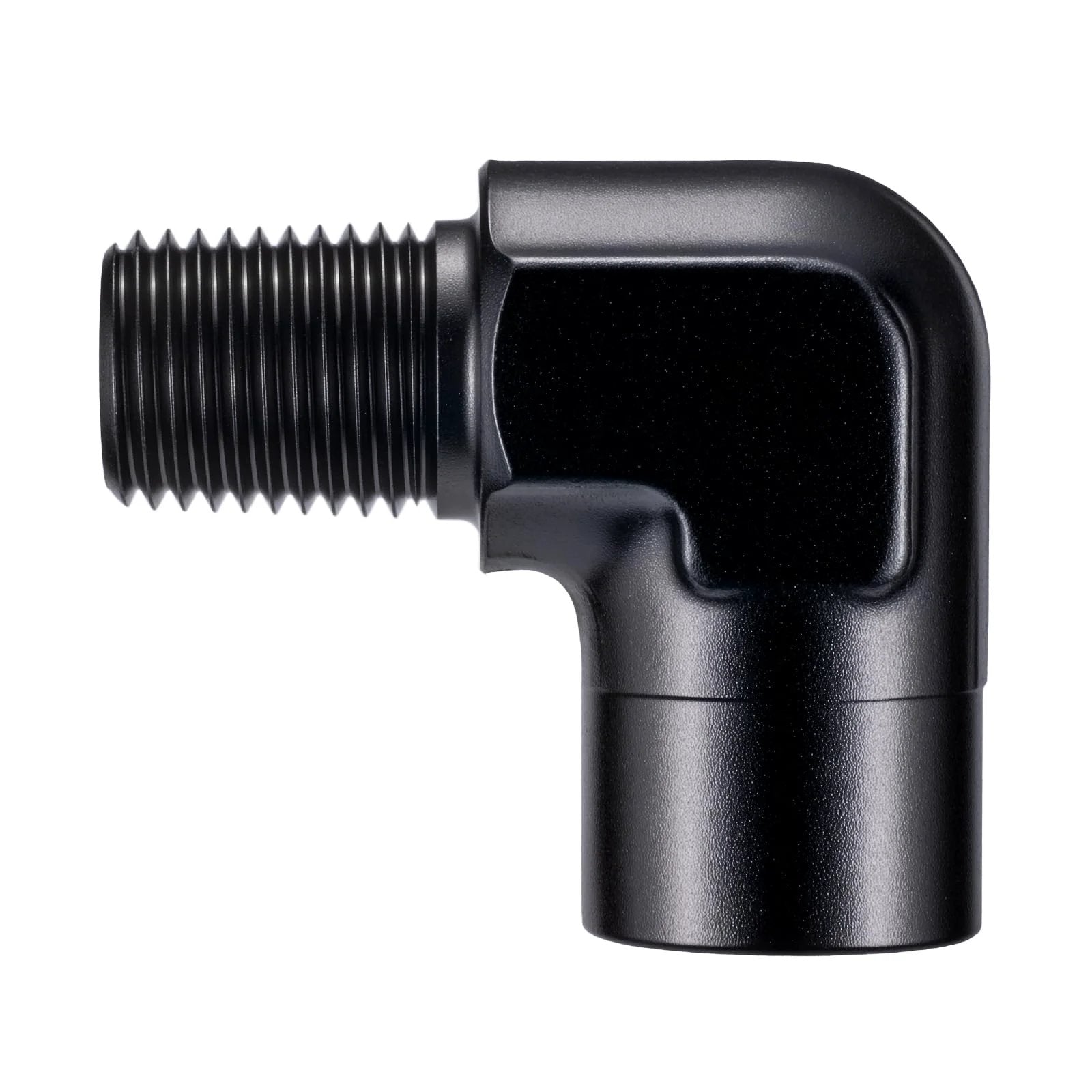 One Quarter Inch NPT Female To Male Fitting Adapter 90 Degree Aluminum Elbow Black side view, showing threaded ends and compact design.