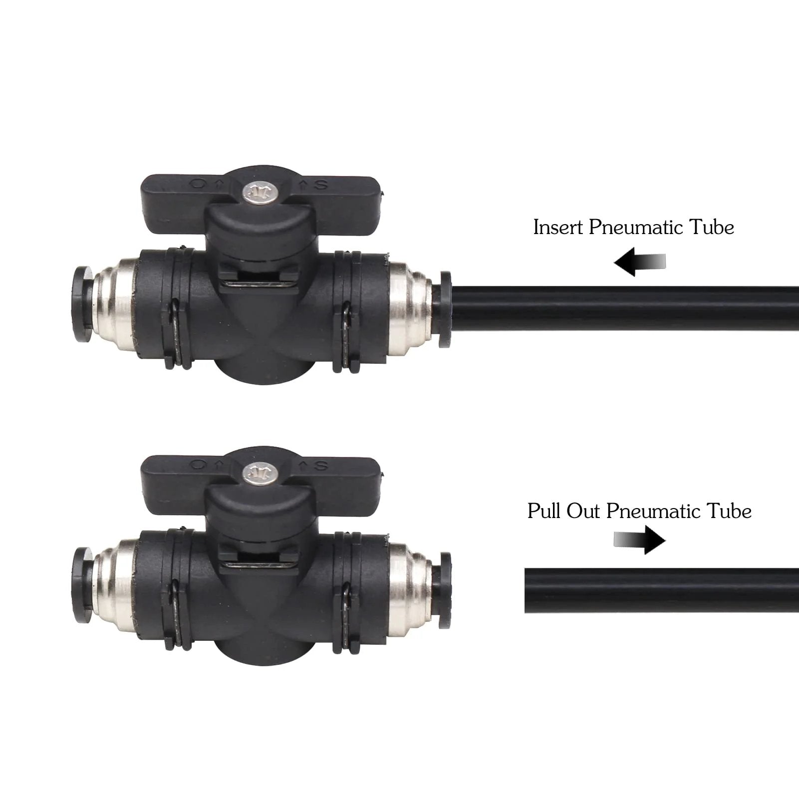 Close-up of Quarter Inch Push Connect Pneumatic Ball Valve Three Pack For Air Compressors And Tubing, durable plastic and metal.