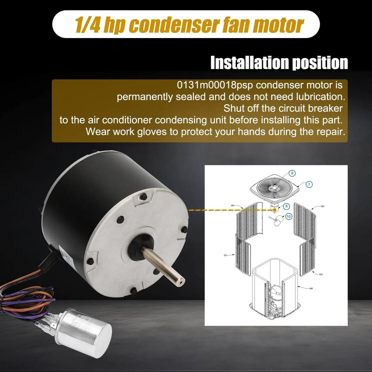 Heavy Duty 0.25 HP Condenser Fan Motor Replacement For Amana Goodman HVAC Units Direct Replacement YDK 180S62823 03 shown with installation guide