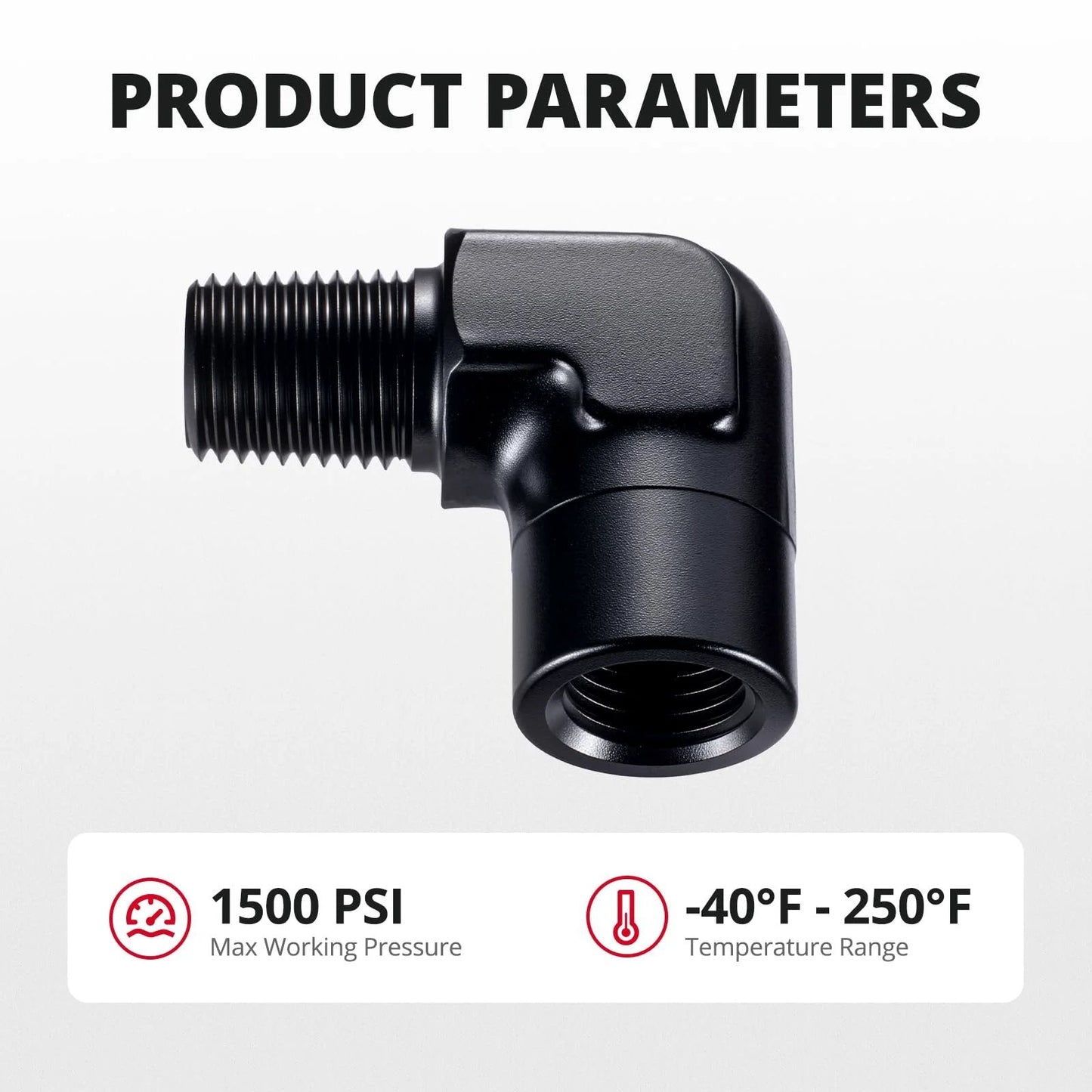 One Quarter Inch NPT Female To Male Fitting Adapter 90 Degree Aluminum Elbow Black showing product parameters and pressure ratings.