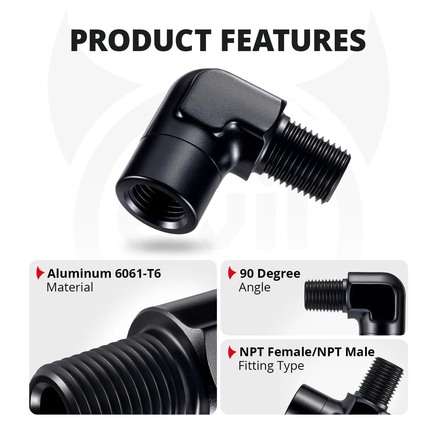 One Quarter Inch NPT Female To Male Fitting Adapter 90 Degree Aluminum Elbow Black Built For Go To High Pressure Lines Max 1500 PSI Rock Solid 6061 T6 Aluminum 60 Degree Tapered Threads With PTFE Tape Recommended product features image highlighting material, angle, and fitting type.