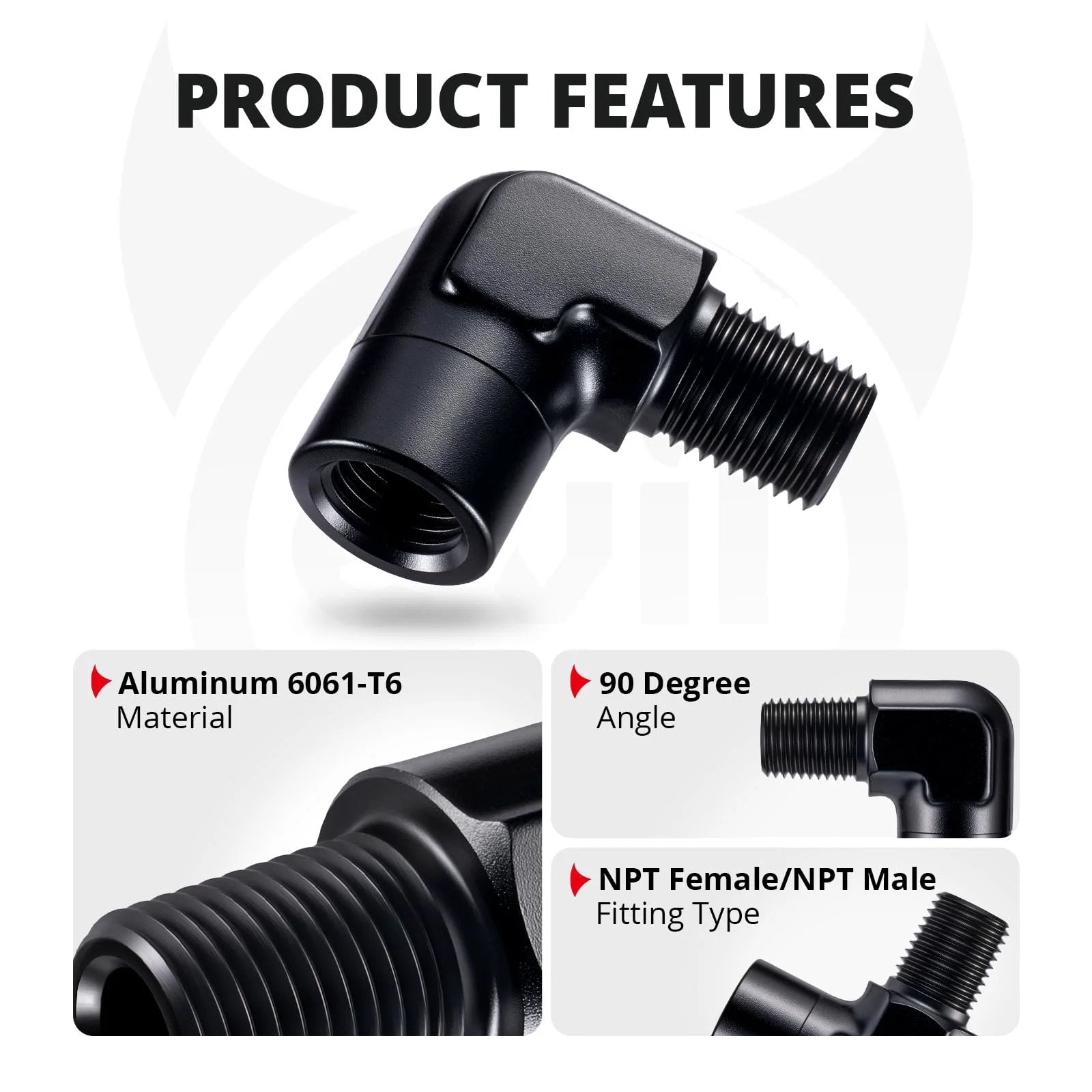 One Quarter Inch NPT Female To Male Fitting Adapter 90 Degree Aluminum Elbow Black Built For Go To High Pressure Lines Max 1500 PSI Rock Solid 6061 T6 Aluminum 60 Degree Tapered Threads With PTFE Tape Recommended product features image highlighting material, angle, and fitting type.