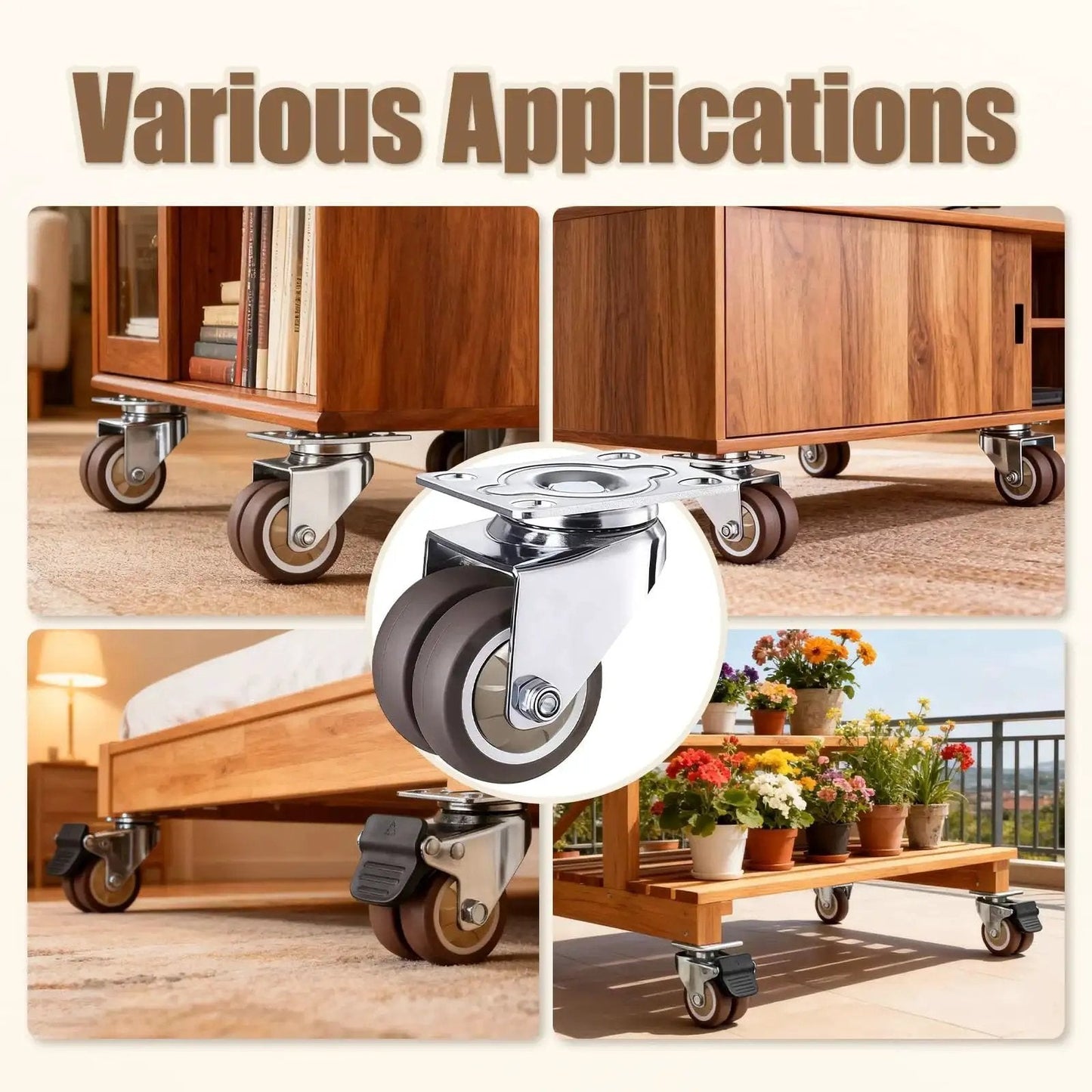 1.5 Inch Double Wheel Swivel Caster Wheels Set Of Four With Rubber Caster Wheels And 396 Lbs Load Capacity for Cabinets Tables