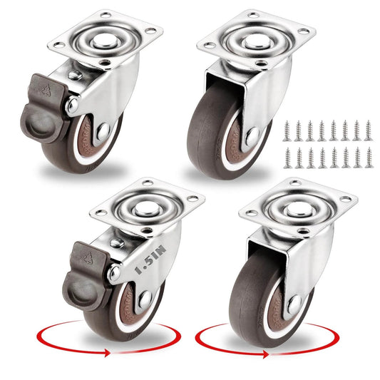 1.5 Inch Caster Wheels Heavy Duty Set of 4 Rubber 360 Degree Swivel Plate Casters for Small Furniture Carts and Cabinets 2 with Brakes 2 without Load 194 Lbs