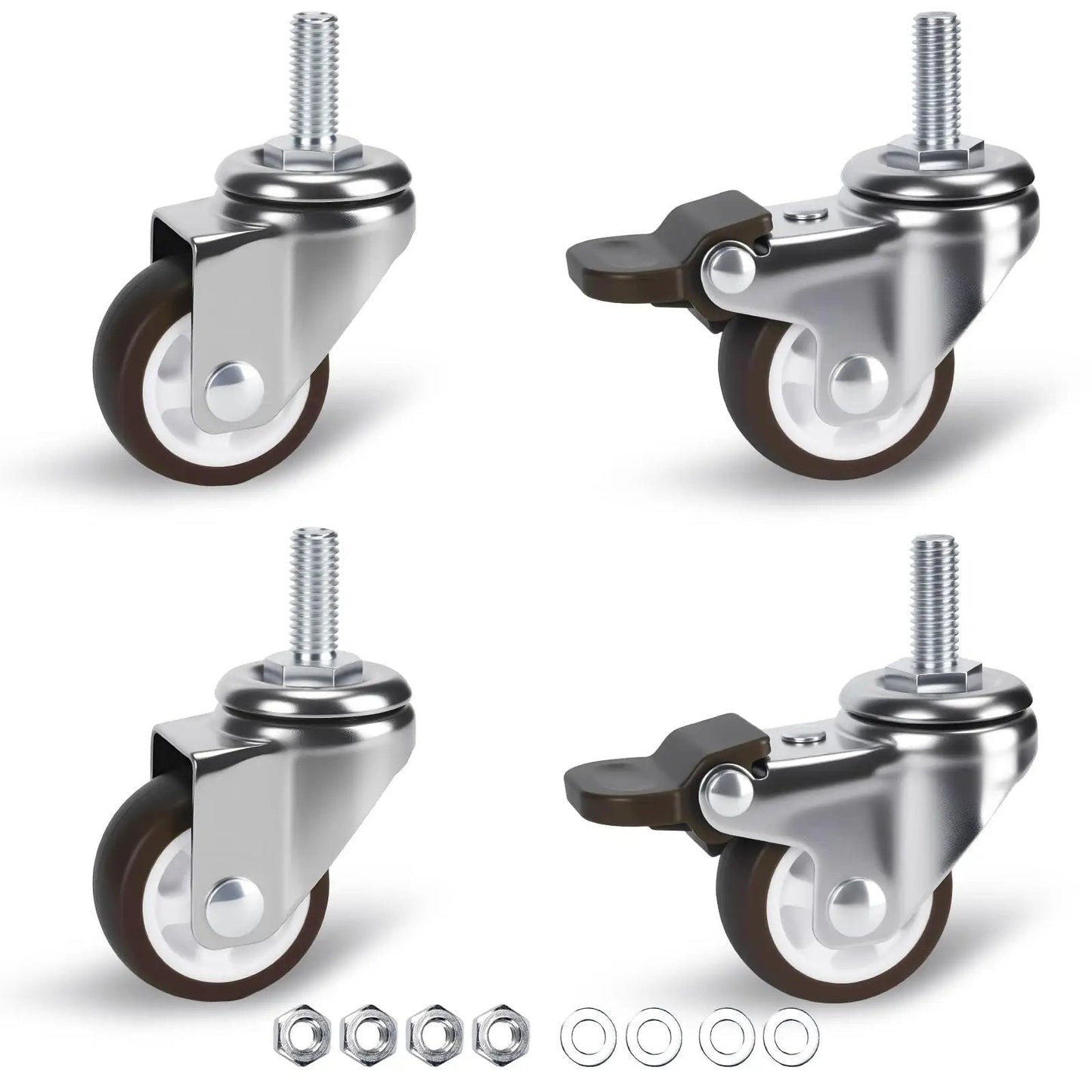 1.5 Inch Stem Casters Set of 4 With Brakes, Small Swivel Caster Wheels for Furniture; two with brakes; includes nuts