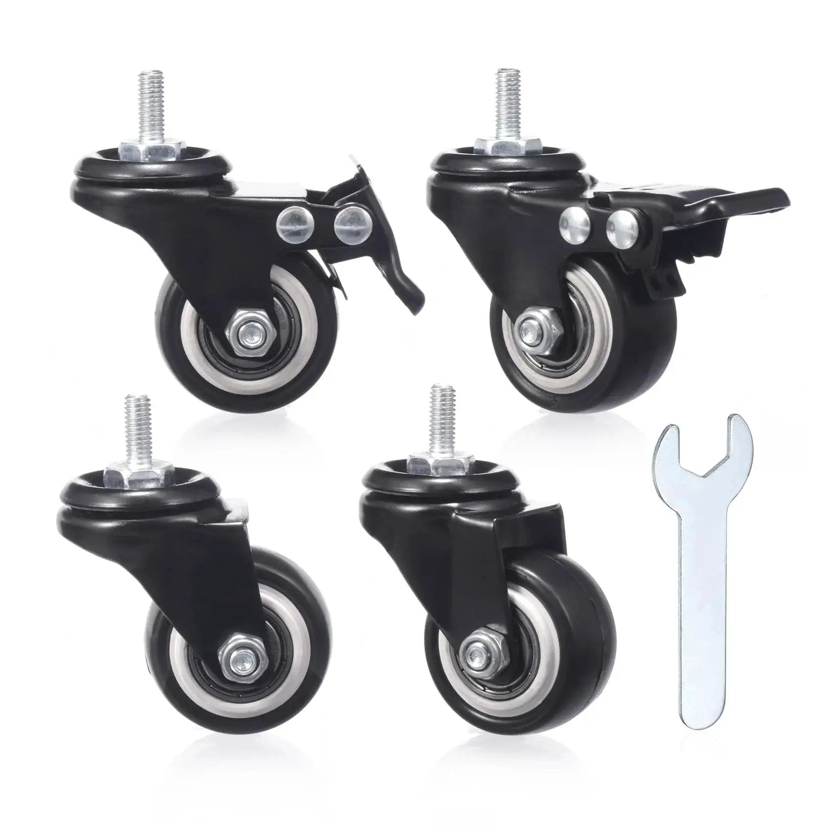 1.5 Inch Caster Wheels Set Of 4 Heavy Duty Swivel Casters With Brakes M6 X 15mm Threaded Stem PU Non Marring Wheels