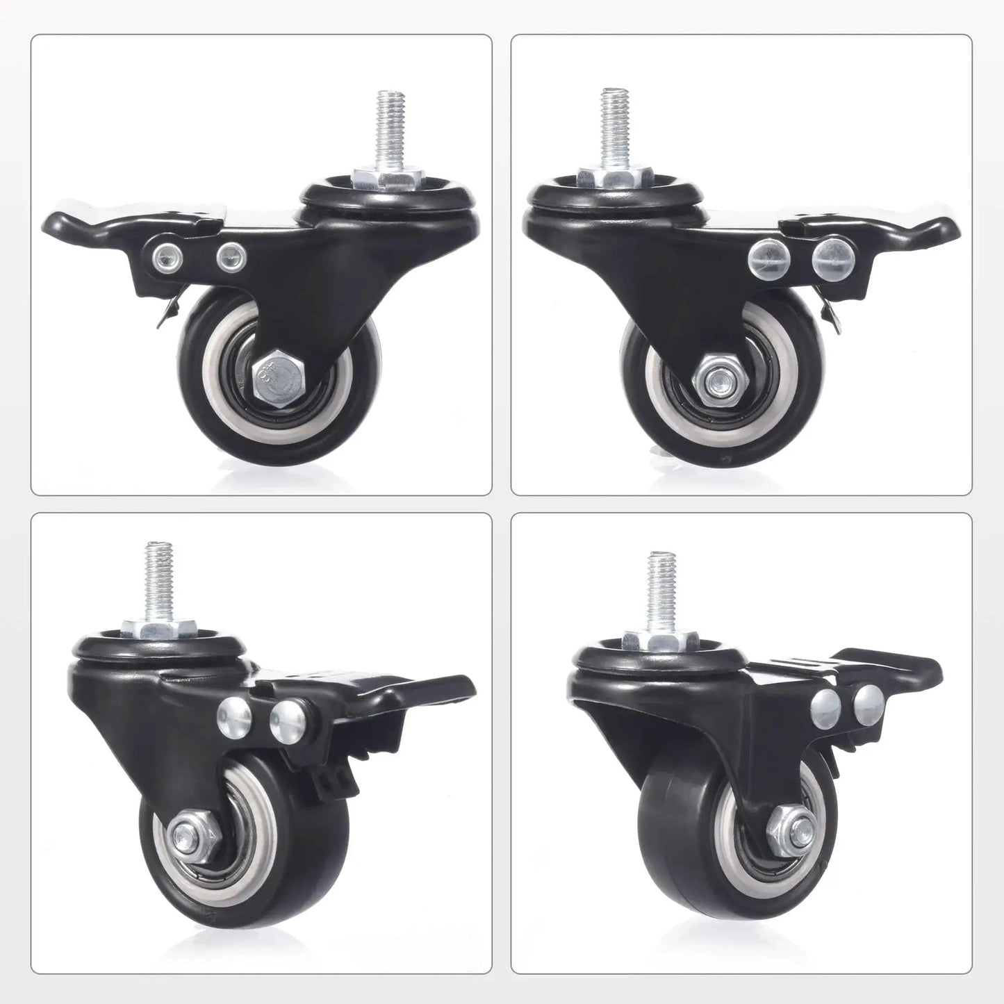1.5 Inch Caster Wheels Set Of 4 Heavy Duty Swivel Casters With Brakes M6 X 15mm Threaded Stem PU Non Marring Wheels 360 Degree Rotation