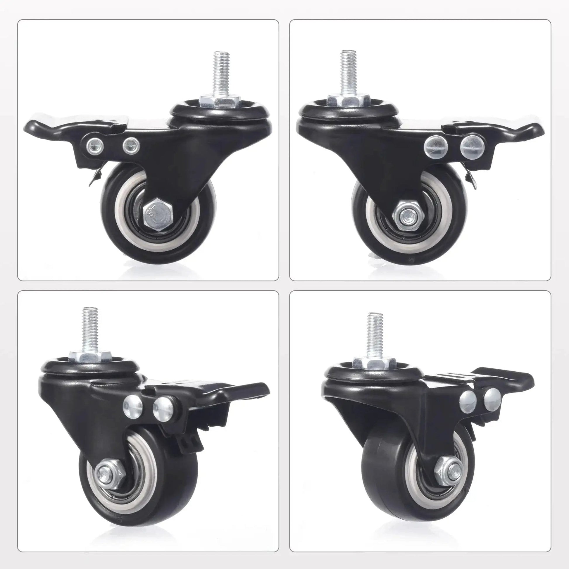 1.5 Inch Caster Wheels Set Of 4 Heavy Duty Swivel Casters With Brakes M6 X 15mm Threaded Stem PU Non Marring Wheels 360 Degree Rotation