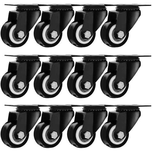 1.5 Inch Swivel Caster Wheels Heavy Duty 12 Pack Without Brake Rubber Base Top Plate Bearing Casters with Non Marking Polyurethane Wheels