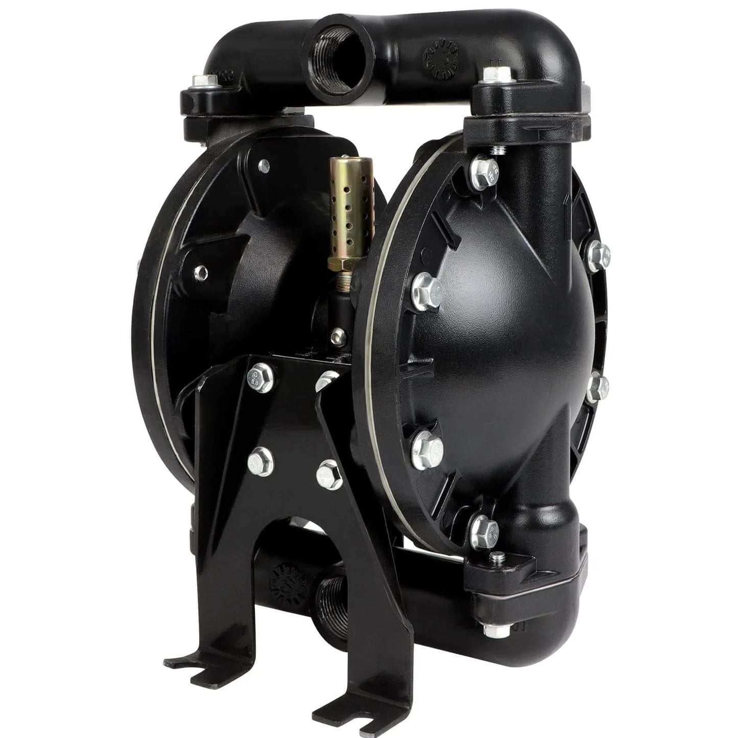Front view of GCCSJ Air Operated Double Diaphragm Pump 1 inch Inlet/Outlet Pneumatic Chemical QBY4-25L made of black stainless steel.