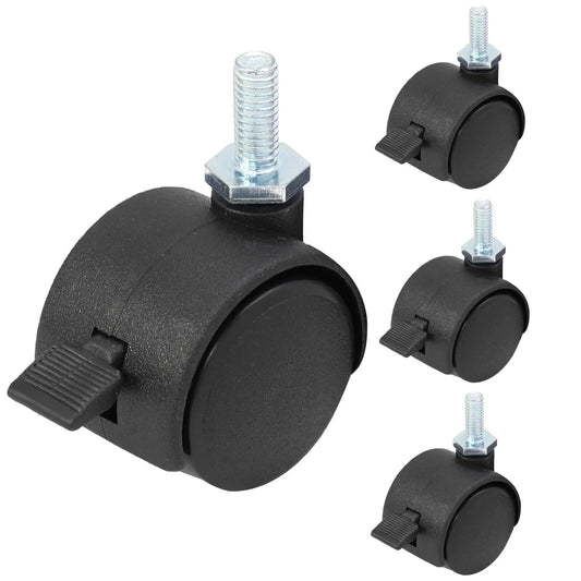 4pcs 1 Inch Swivel Caster Wheels with M6 Threaded Stem and Brake Heavy Duty Black Nylon Replacement Casters for Furniture