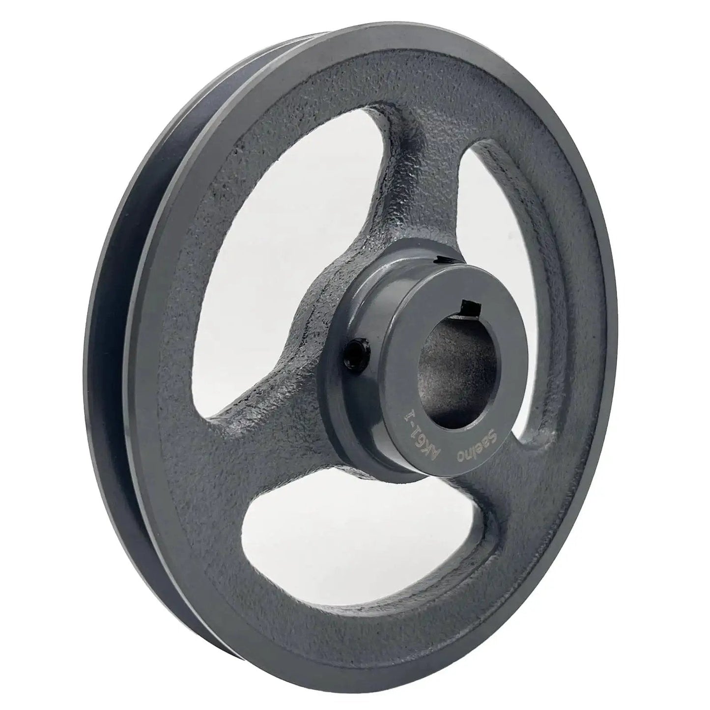 Front view of AK61-1 Saelno 1 Inch Bore V Belt Pulley 5.95 Inch OD Beefy Cast Iron Motor Pulley with 1 Groove, anti-rust surface.