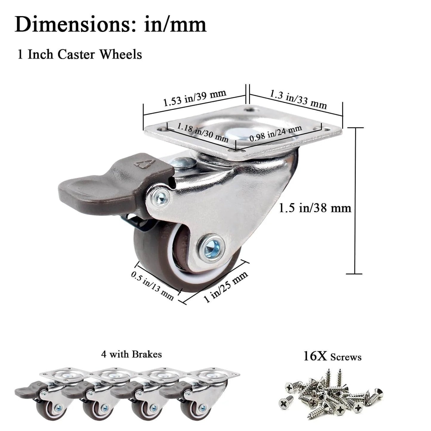 1 Inch Caster Wheels for Furniture Silent Bearing Swivel Plate Casters Set of 4 with Brakes Heavy Duty Load 100 Lbs