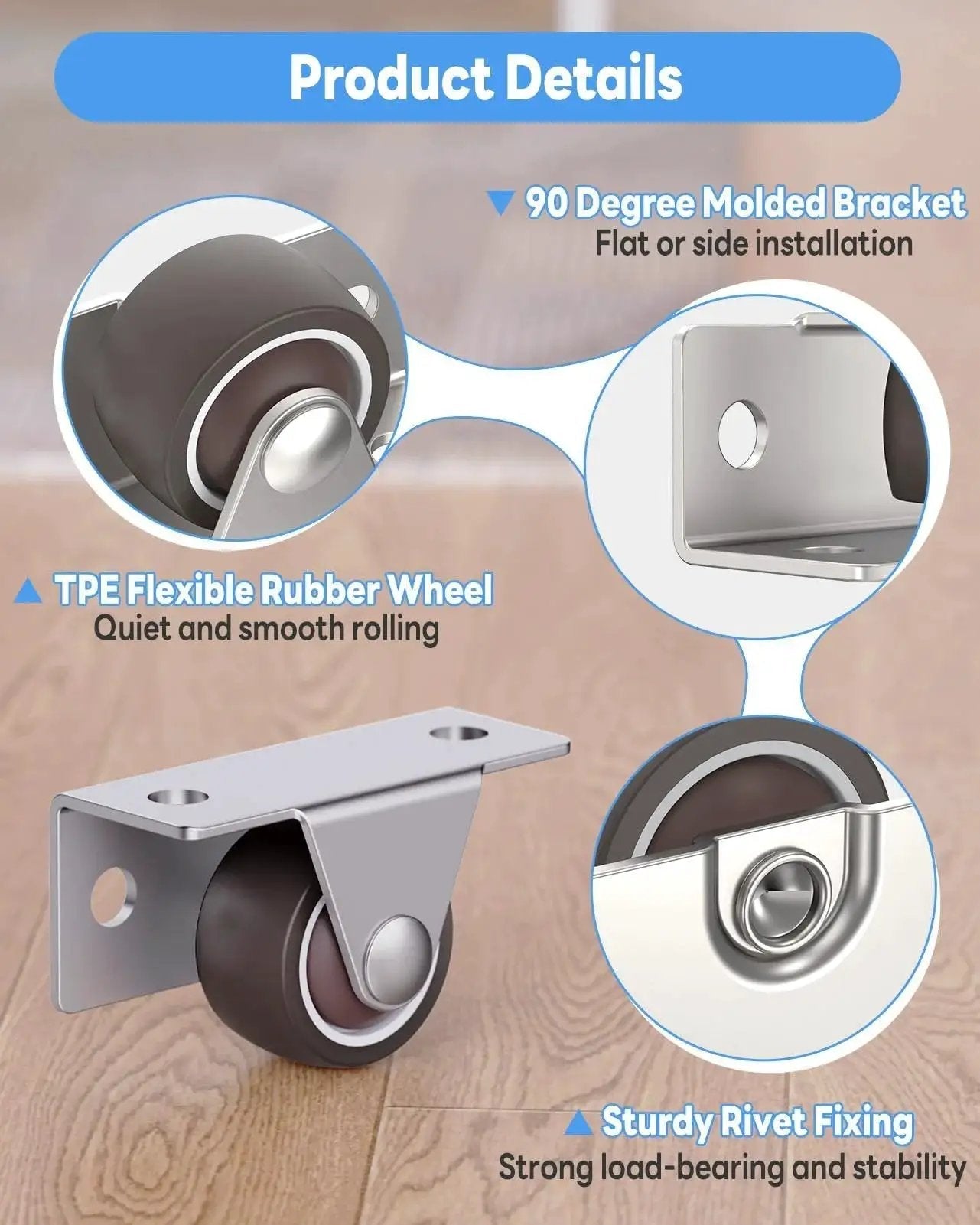 1 Inch Low Profile Casters Wheels Set Of 2 With Side And Top Plate Mounting, Quiet Rubber Castors For Small Cabinets, Furniture.