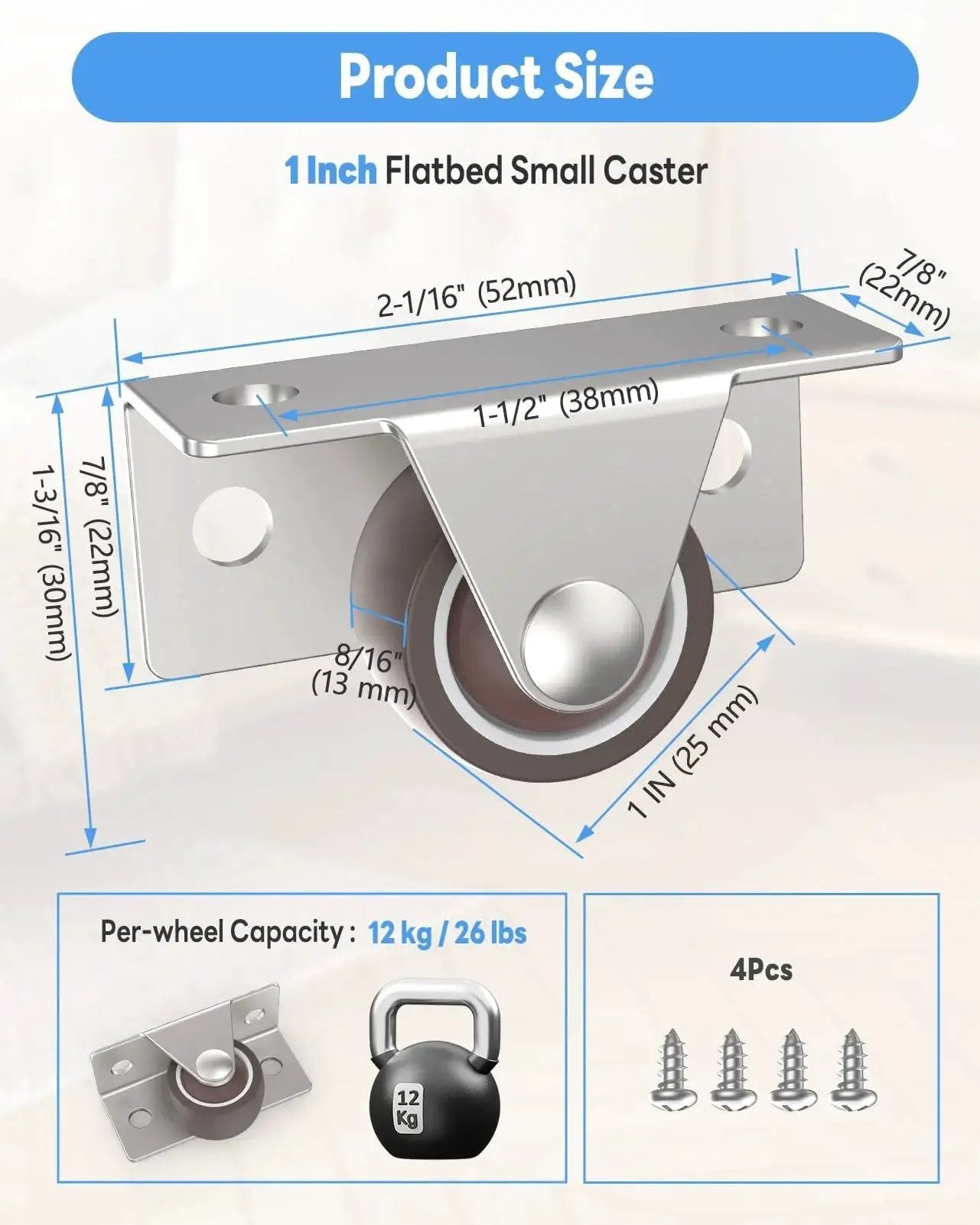 Diagram of 1 Inch Low Profile Casters Wheels Set Of 2 With Side And Top Plate Mounting, showing dimensions and weight capacity.