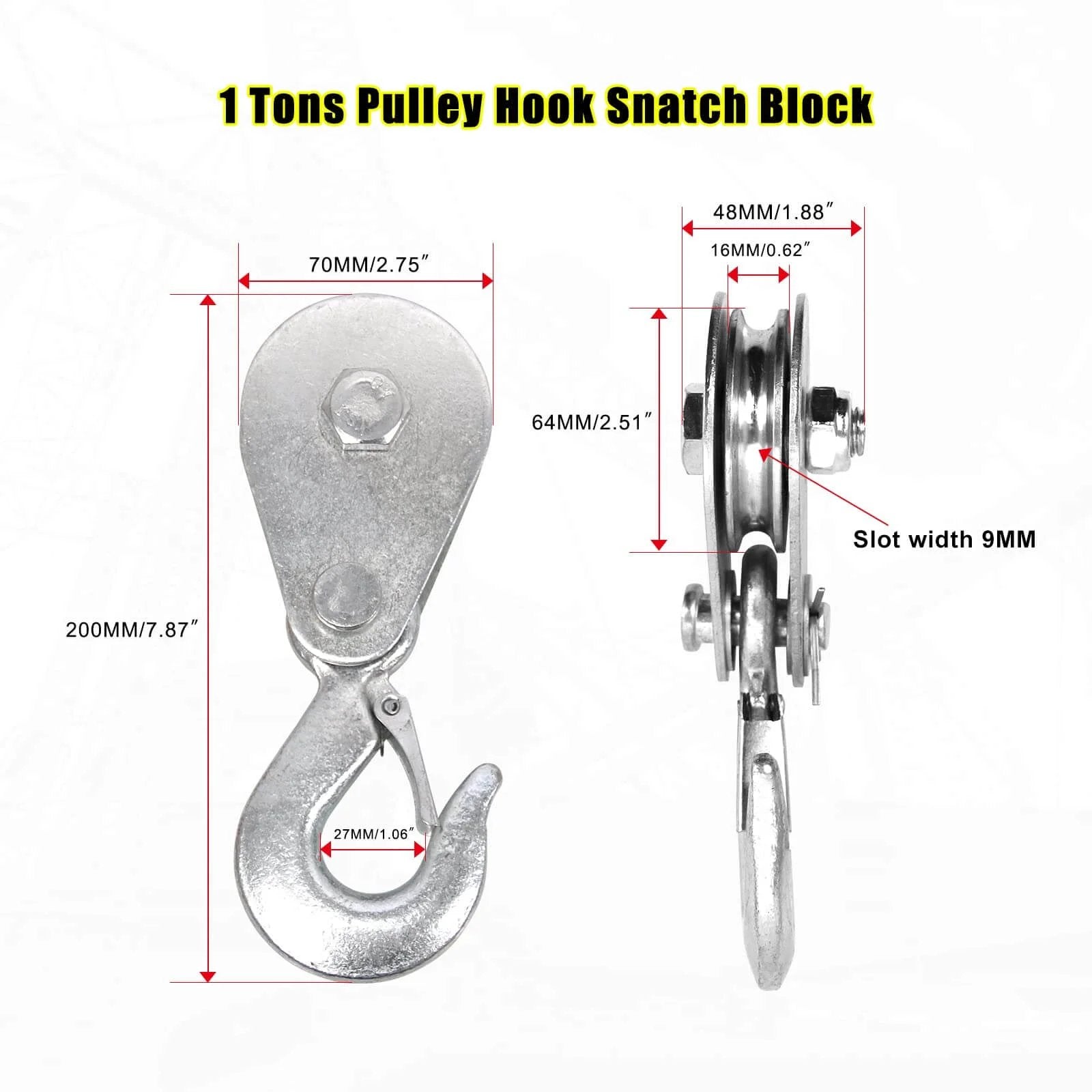Pulley Hook (1Tons/2,200 LBS) Snatch Block with Hook Heavy Duty Pulley Lifting Block Hoist with Hook for 3/8 inch Cable