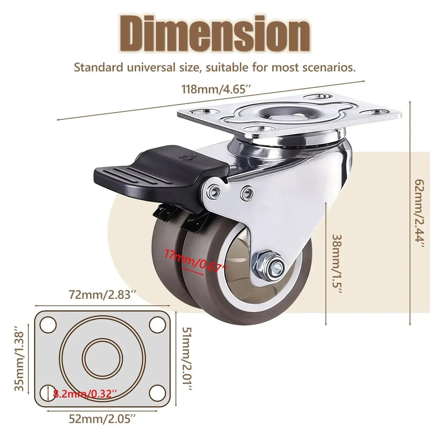 1.5 Inch Double Wheel Swivel Caster Wheels Set Of Four With Rubber Caster Wheels And 396 Lbs Load Capacity For Cabinets Tables And Workbenches Two With Brake And Two Without Ideal For Garage Workshop Storage Carts Office Furniture And Heavy Loads detailed dimensions and top plate design