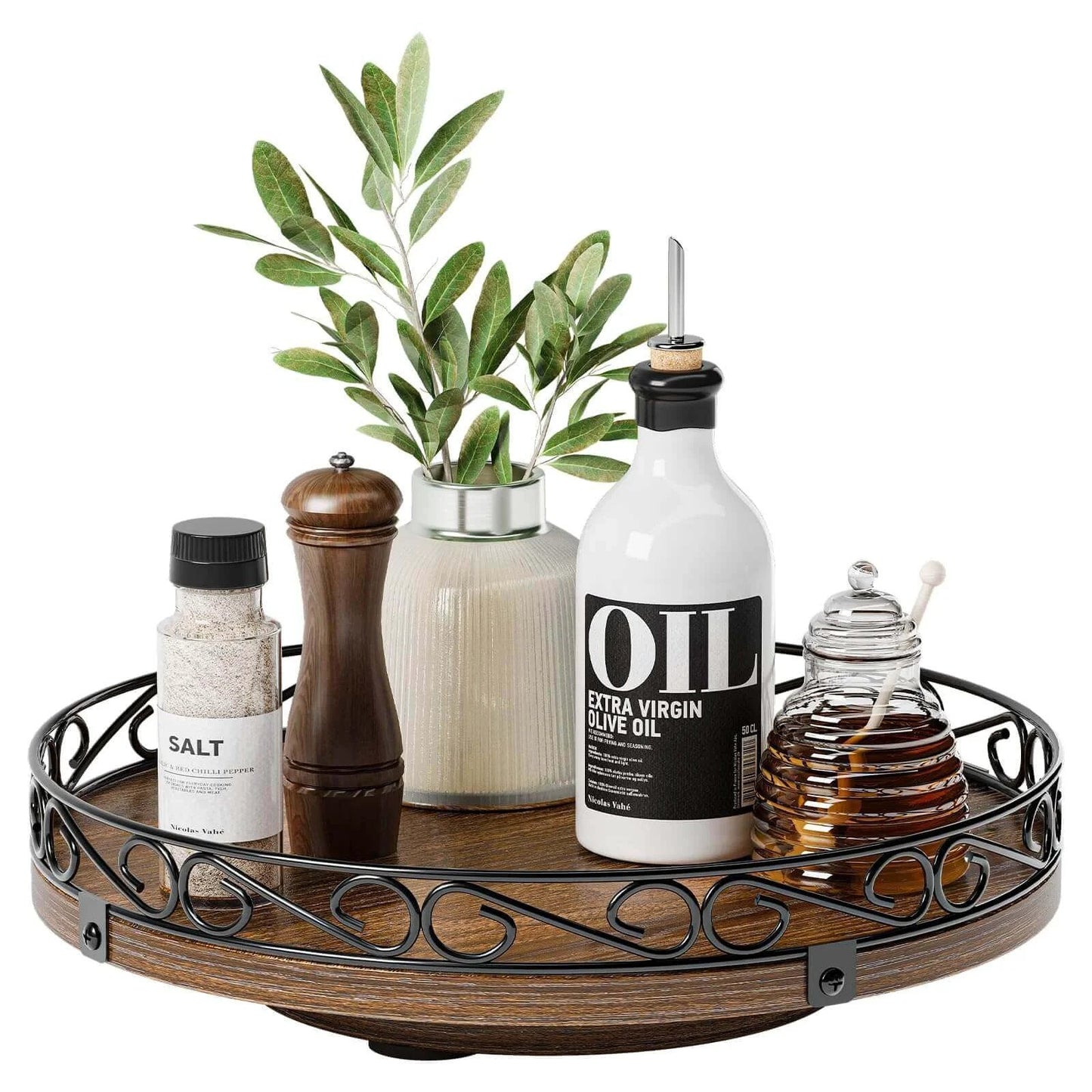10 inch farmhouse wooden lazy susan turntable designed for cabinets, rustic round rotating tray with patterned raised edge for counters and tables