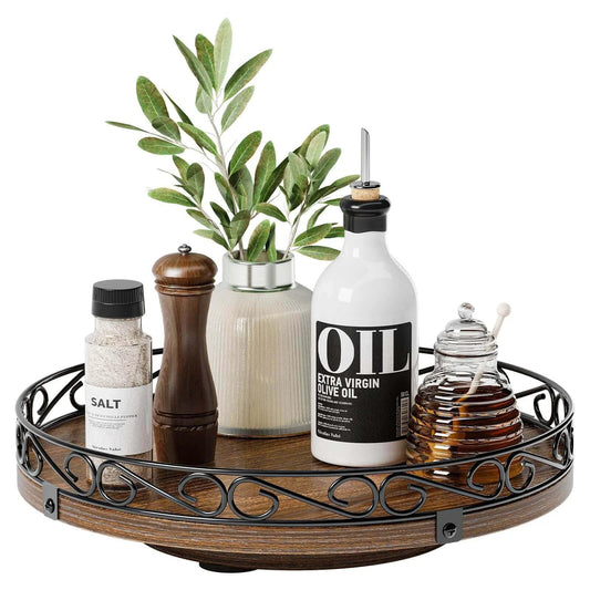 10 inch farmhouse wooden lazy susan turntable designed for cabinets, rustic round rotating tray with patterned raised edge for counters and tables