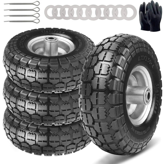 10 Inch 4.10/3.50-4 Flat Free Solid Rubber Wheels 4 Pack, Heavy Duty Hand Truck and Dolly Tires with 5 8 Inch Axle, Steel Rim