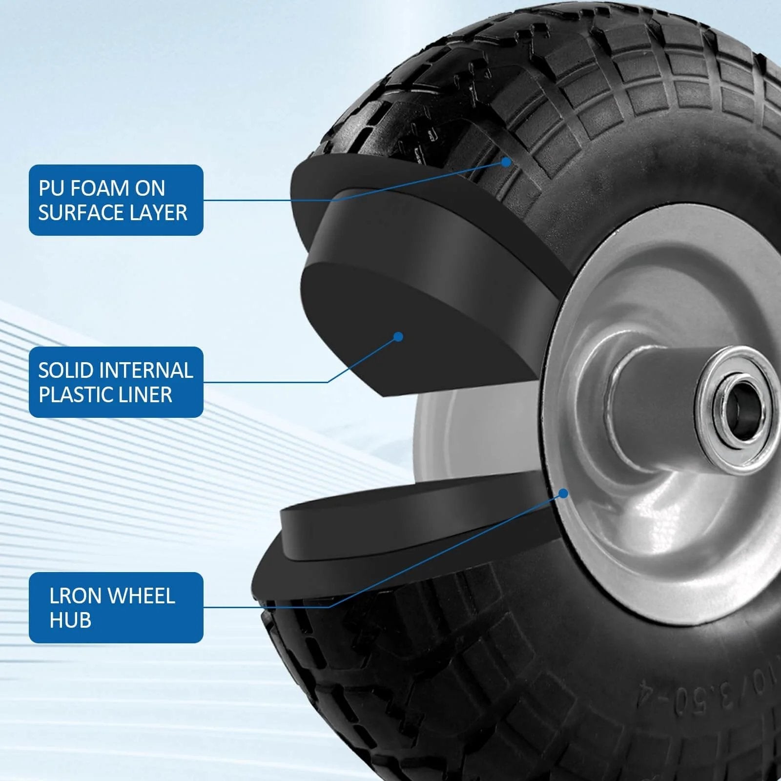 Cross-section of 10-inch 4.10/3.50-4 tire and wheel flat free, heavy duty solid replacement tire with 5/8" bearings, labeled materials