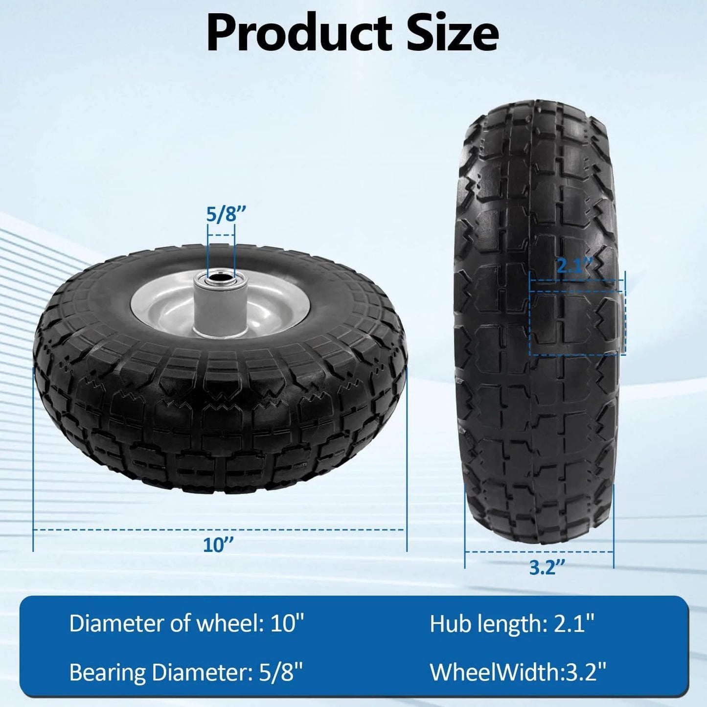 Product Size Chart of ✝️ 10-inch 4.10/3.50-4 tire and wheel flat free, with 5/8" bearings and 3.2 inches width, for wheelbarrows and more