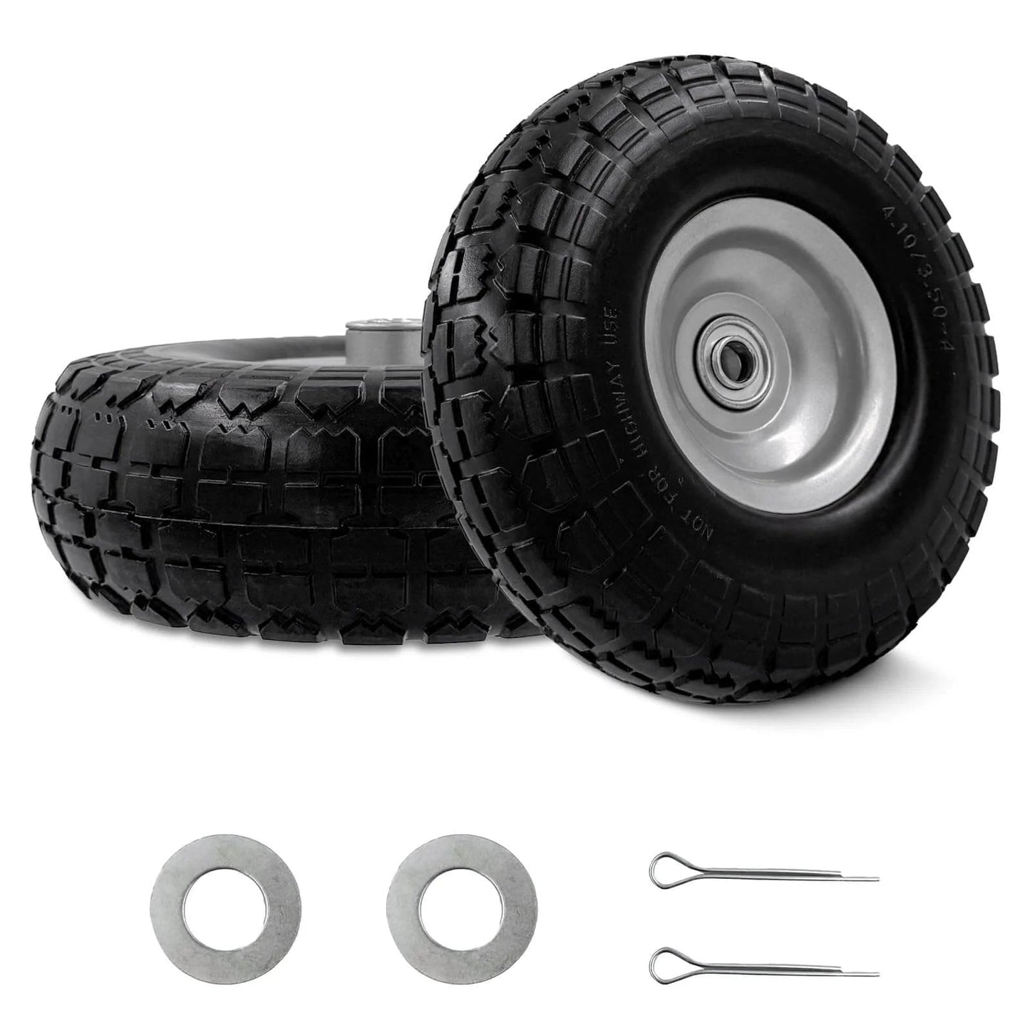 10-inch 4.10/3.50-4 tire and wheel flat free, heavy duty solid replacement tire with 5/8" bearings, for hand trucks, 2-pack, gray