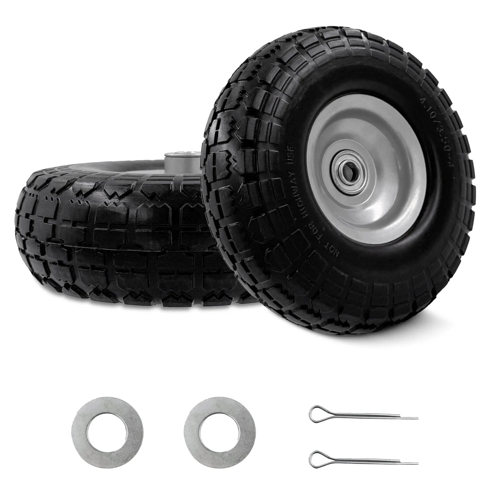10-inch 4.10/3.50-4 tire and wheel flat free, heavy duty solid replacement tire with 5/8" bearings, for hand trucks, 2-pack, gray
