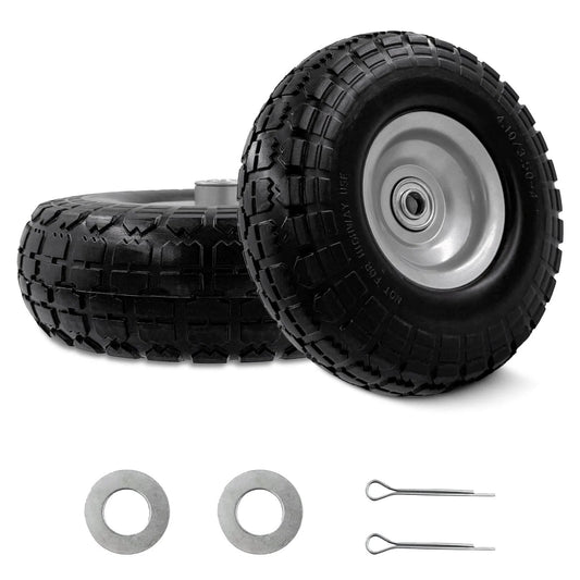 10-inch 4.10/3.50-4 tire and wheel flat free, heavy duty solid replacement tire with 5/8" bearings, for hand trucks, 2-pack, gray