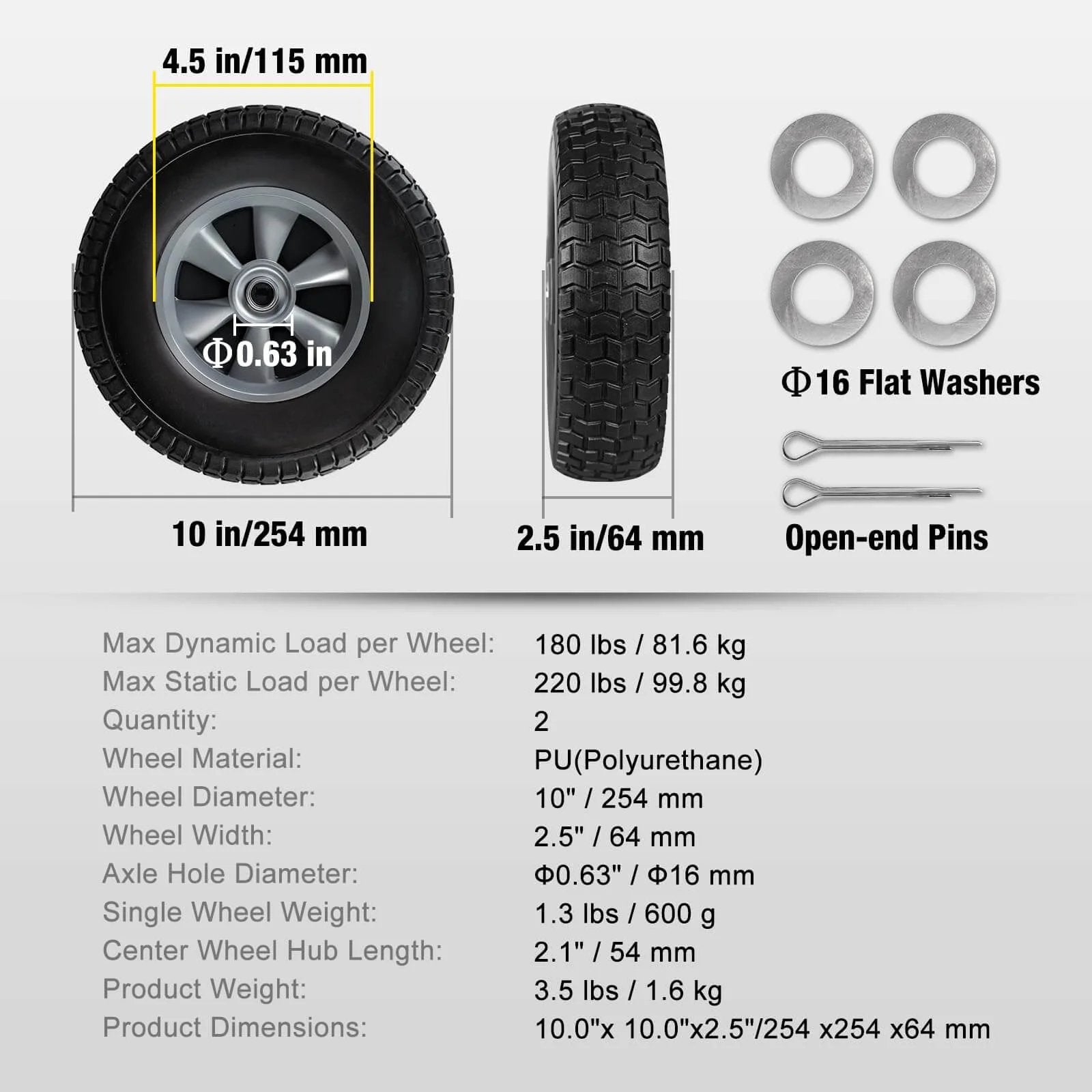 Solid rubber tires and wheels, 10 inch flat free tubeless wheels with 5/8" axle bore hole, 2.1" offset hub - dimensions and components shown