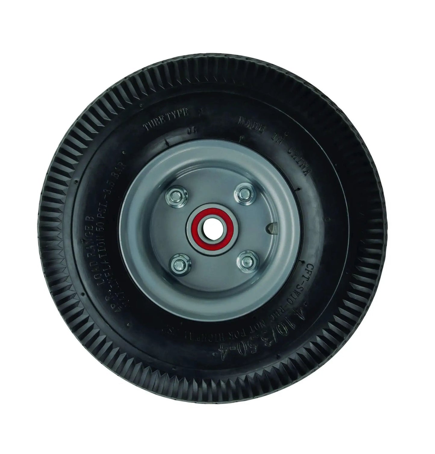Front view of Rugged 10 Inch Foam Filled Pneumatic Wheel With Semi Precision Bearing For Rough Terrain And Cold Storage Freezers, Never Goes Flat, Water Resistant And Crack Resistant, 4 Ply Wheel By Magline