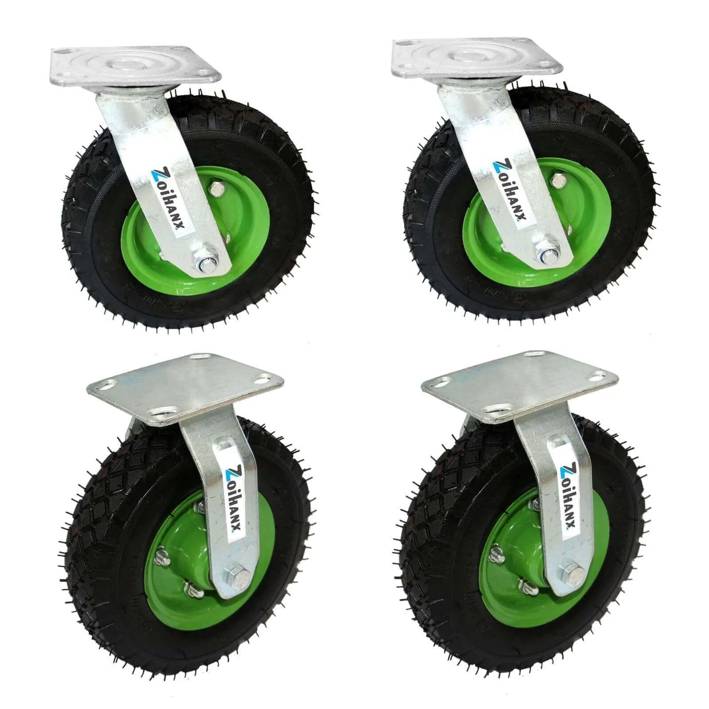 10 inch heavy duty pneumatic caster wheels set of 4 with rubber knobby tread, including 2 swivel casters and 2 fixed casters.