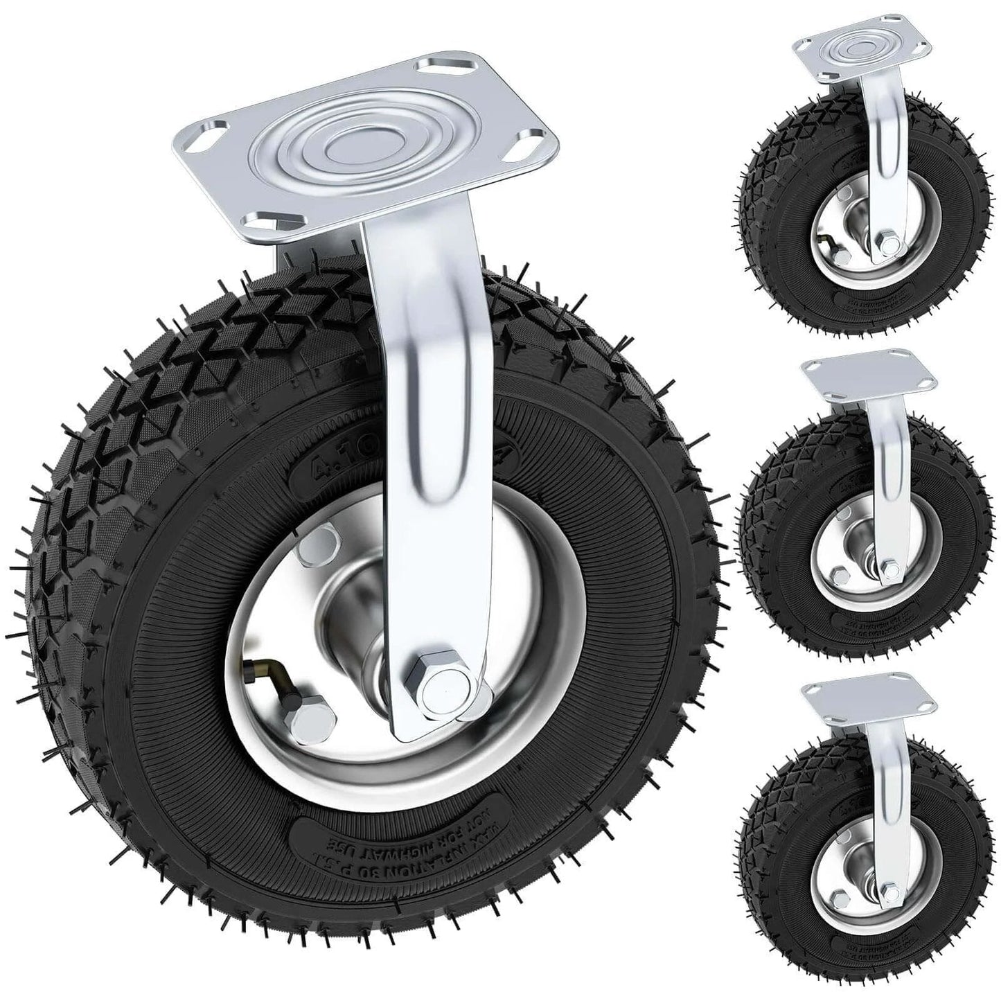 10 inch pneumatic caster set of 4 with 2 swivel and 2 rigid casters, featuring heavy duty rubber knobby tread wheels.