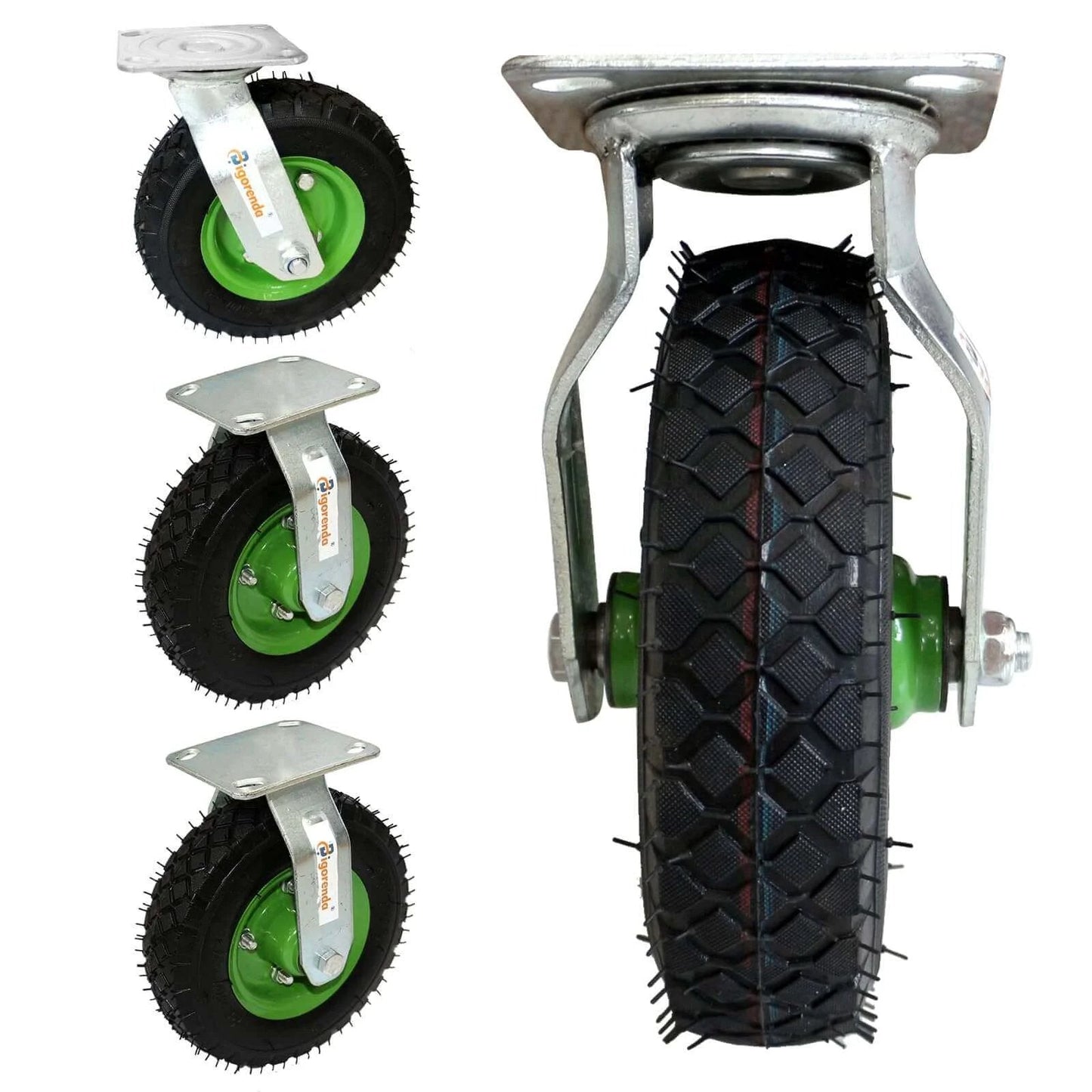 10 inch pneumatic caster wheels set of 4 with heavy duty air tires, showing 2 swivel casters and 2 rigid casters.