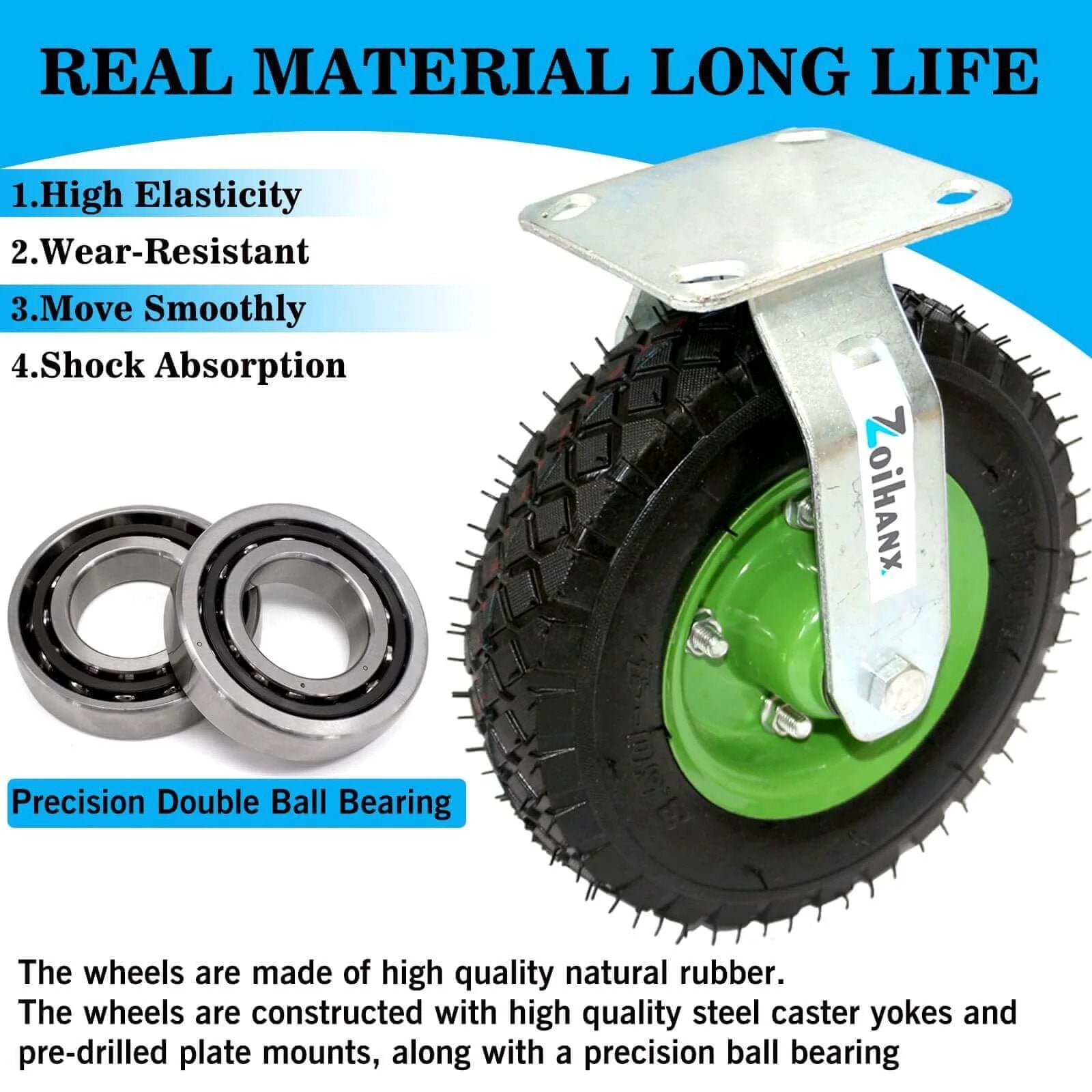 10 inch heavy duty pneumatic caster wheels set of 4 with rubber knobby tread showing a close-up view of the swivel caster.