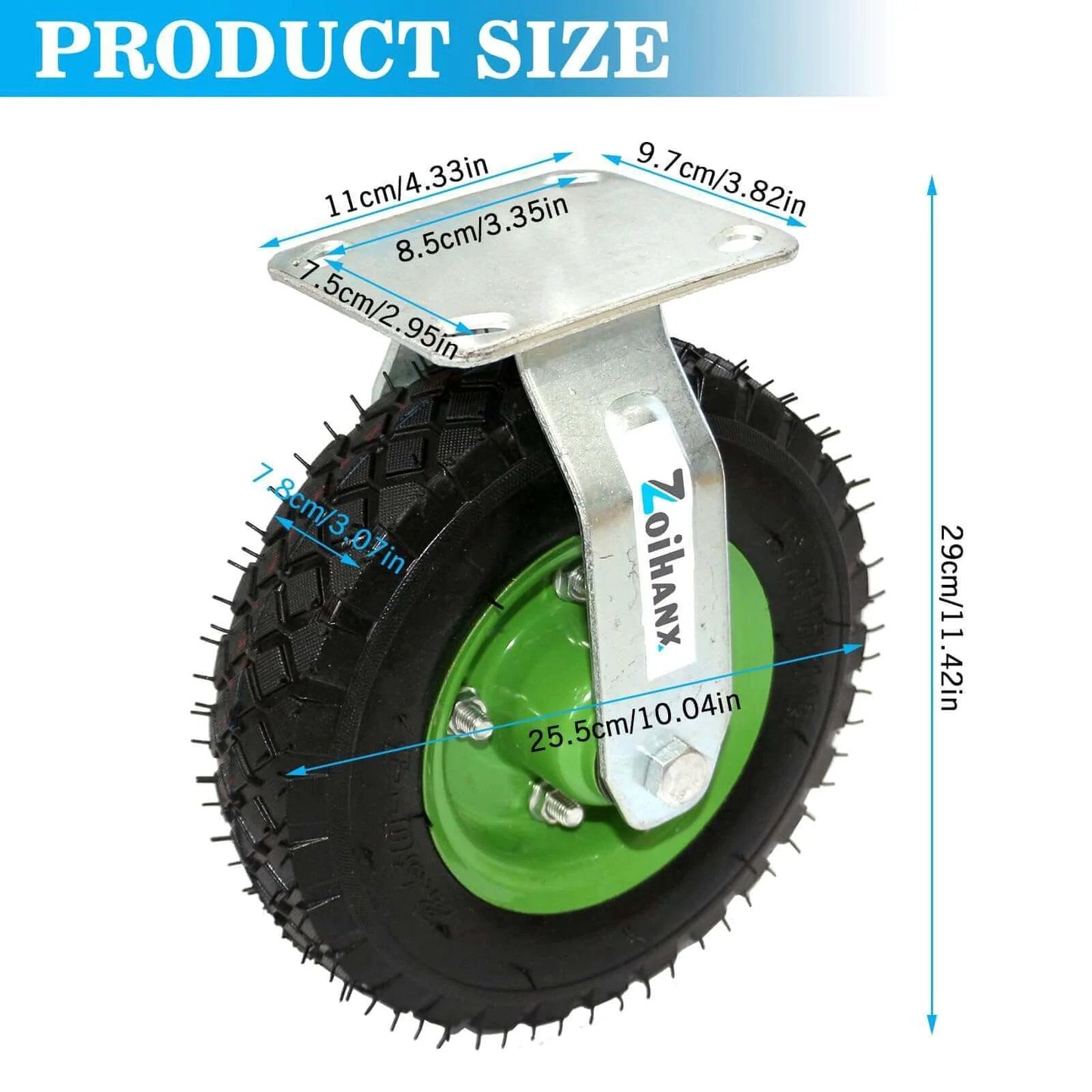 10 inch heavy duty pneumatic caster wheels set of 4 with rubber knobby tread, showing product size dimensions and details.