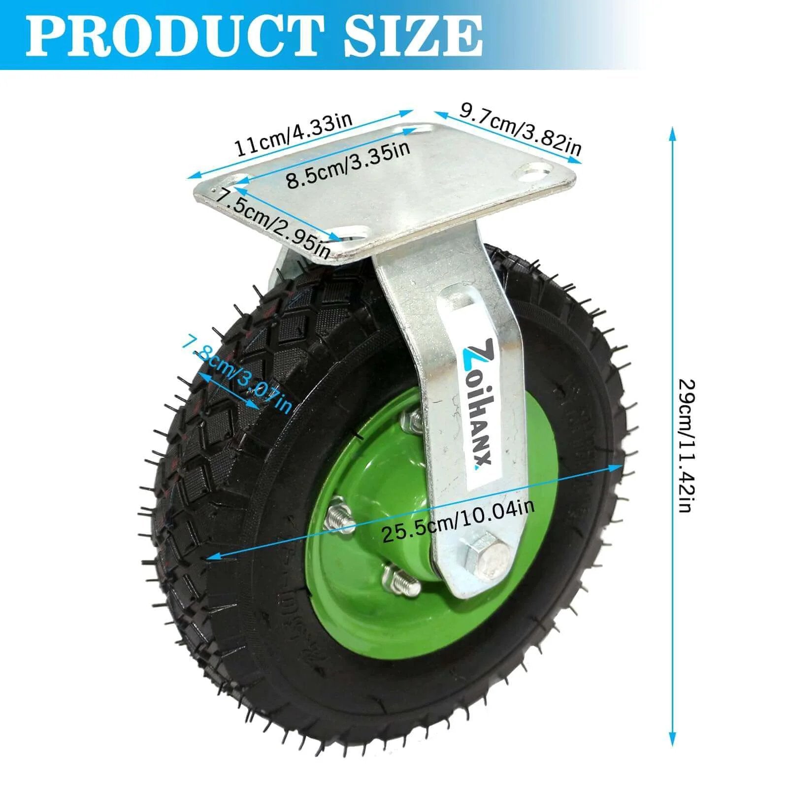 10 inch heavy duty pneumatic caster wheels set of 4 with rubber knobby tread, showing product size dimensions and details.