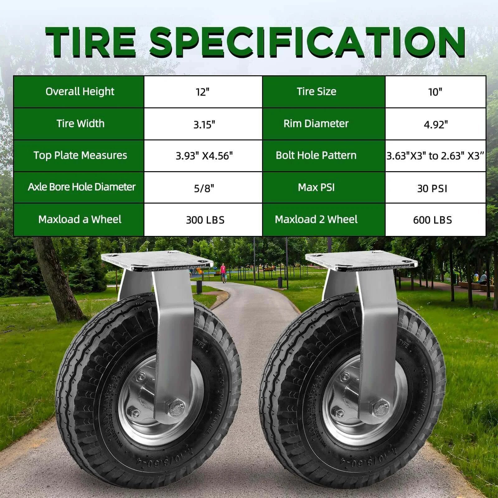 10 inch pneumatic rigid caster wheels in a 2 pack with all terrain rubber tires, zinc top plate design rated 600 lbs close-up
