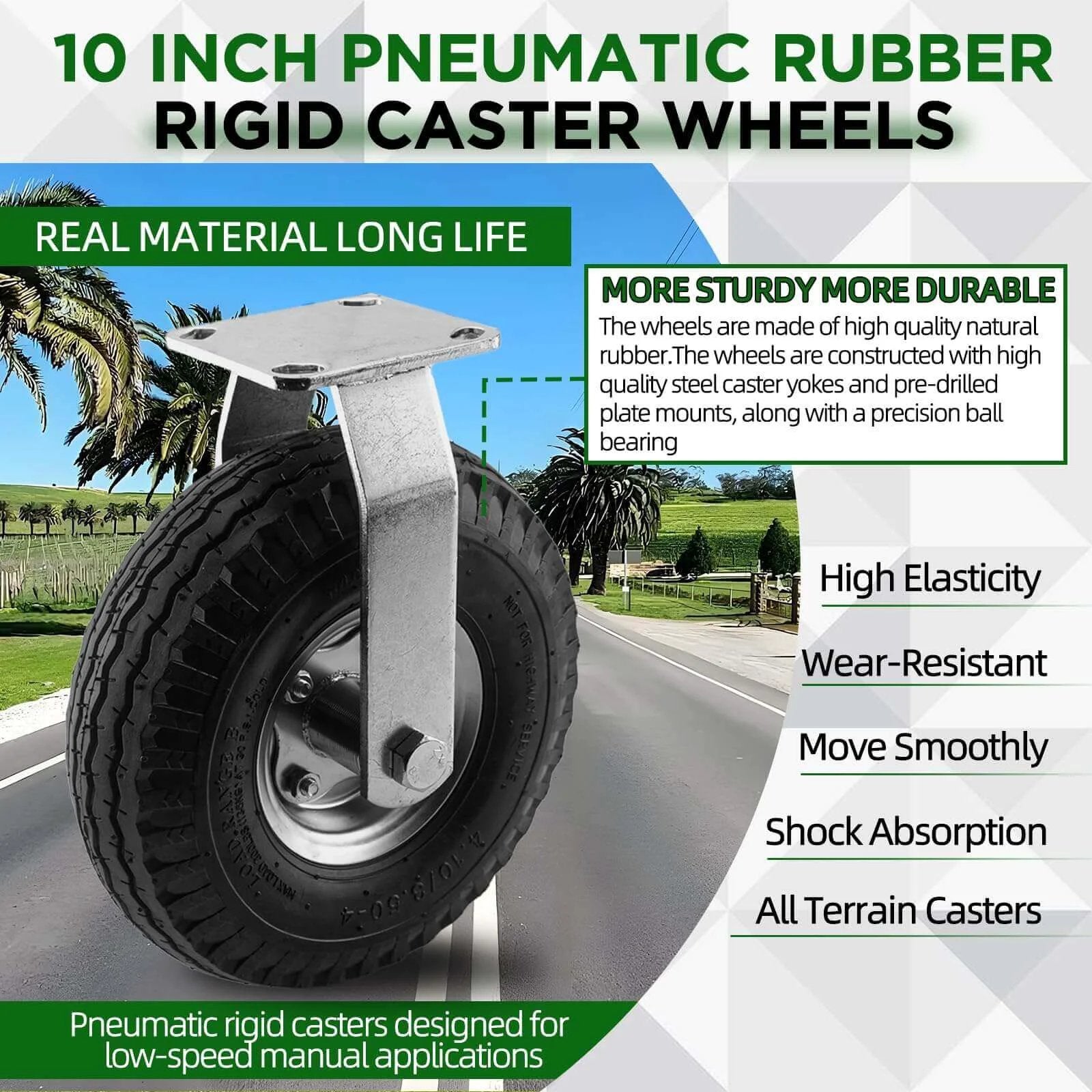 10 inch pneumatic rigid caster wheels in a 2 pack with all terrain rubber tires and zinc top plate design rated 600 lbs