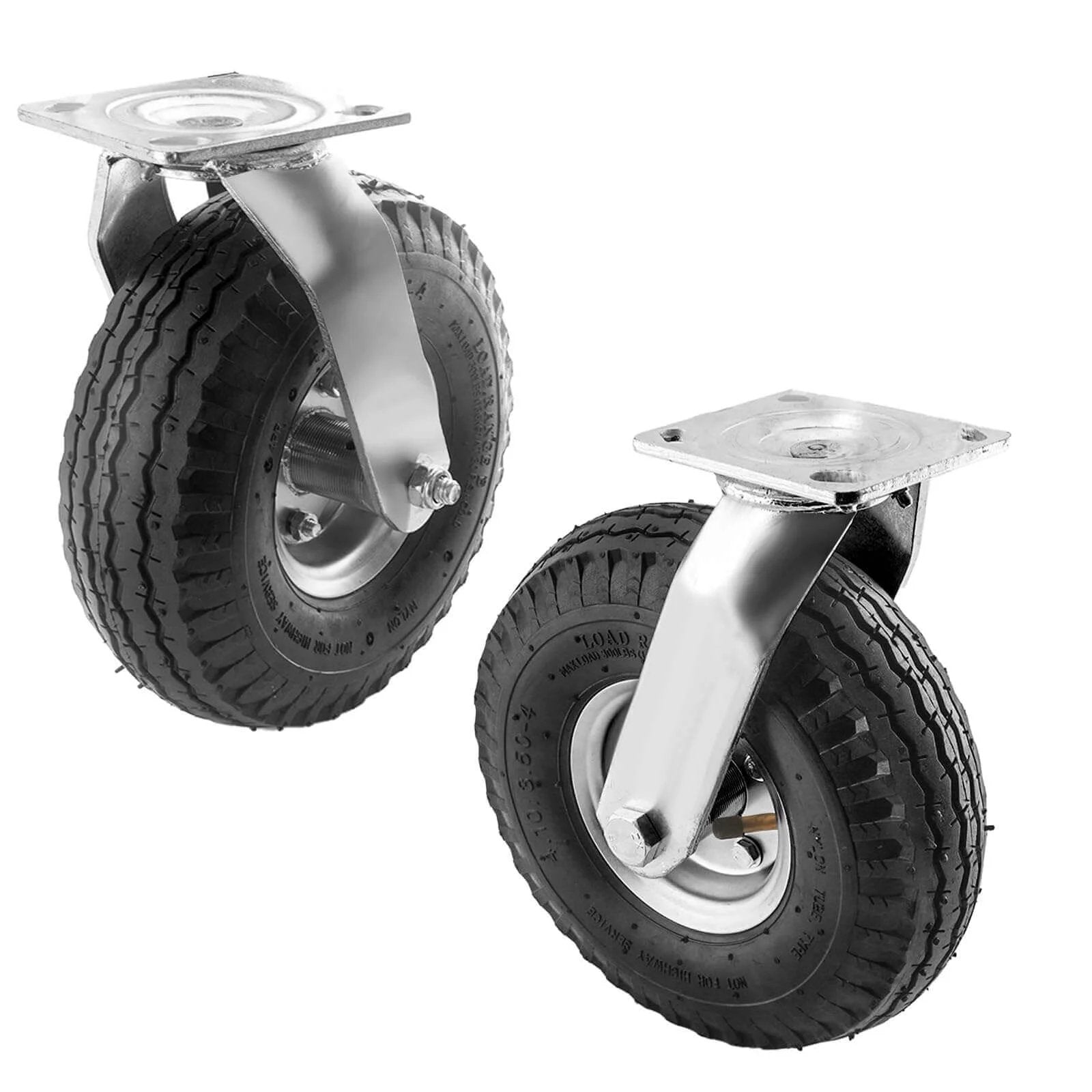 10 inch pneumatic swivel caster wheels in a 2 pack with air filled rubber tires and zinc top plates.