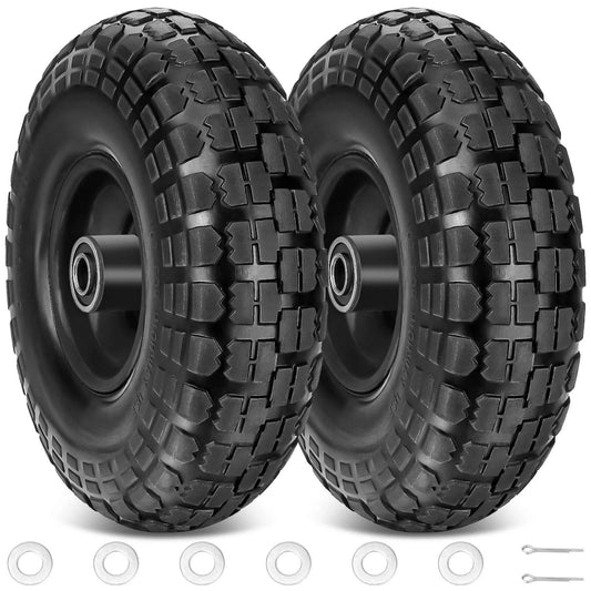 10 Inch Solid Tires 2 Pack Flat Free 4.10/3.50-4 Wheels with 5/8 Inch Axle Bore, double sealed bearings, and heavy-duty rubber.
