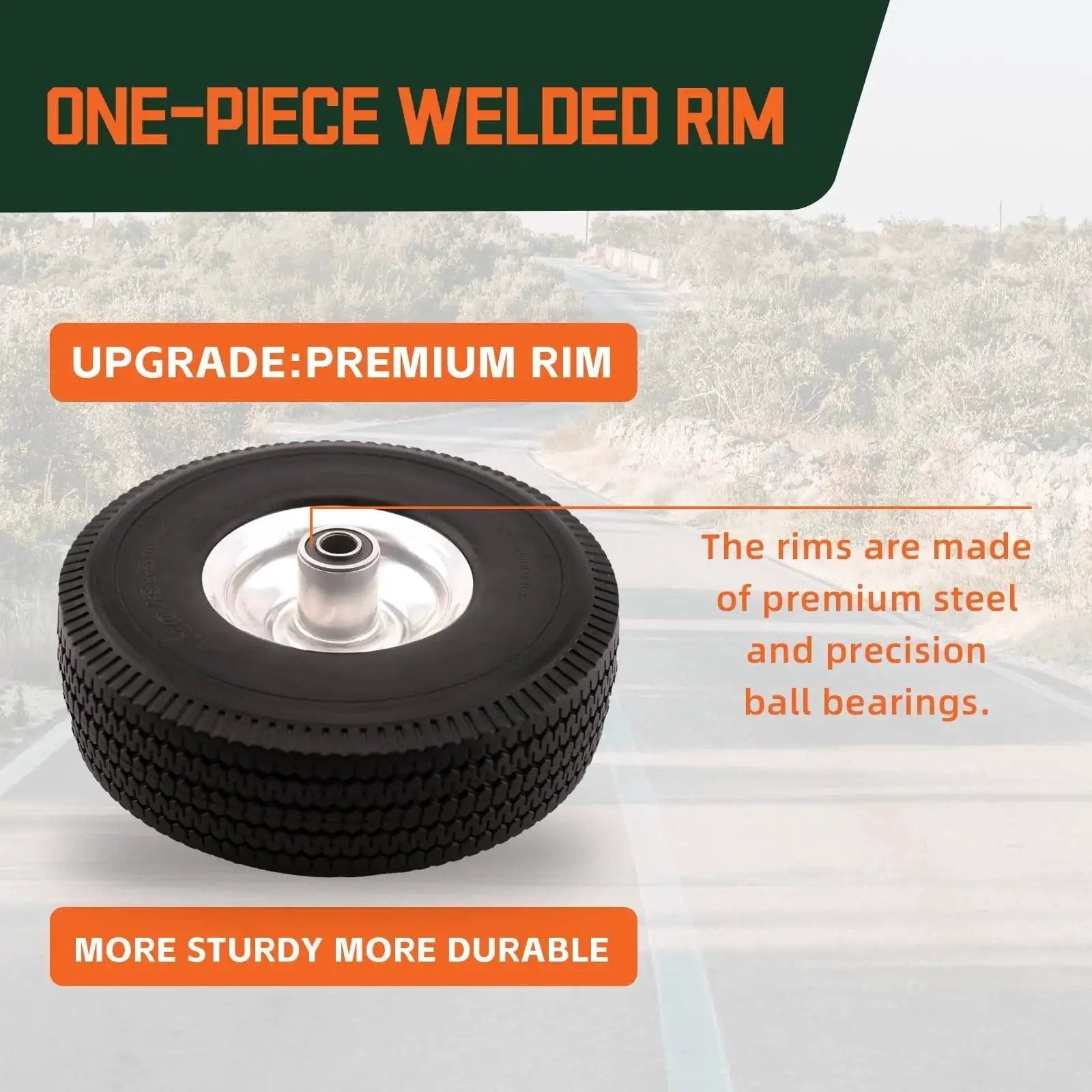 10 Inch Solid Polyurethane Tire 4.10 To 3.50-4 With Flat Free Wheels Five Eighth Inch Bearings And 2.2 Inch Offset Hub
