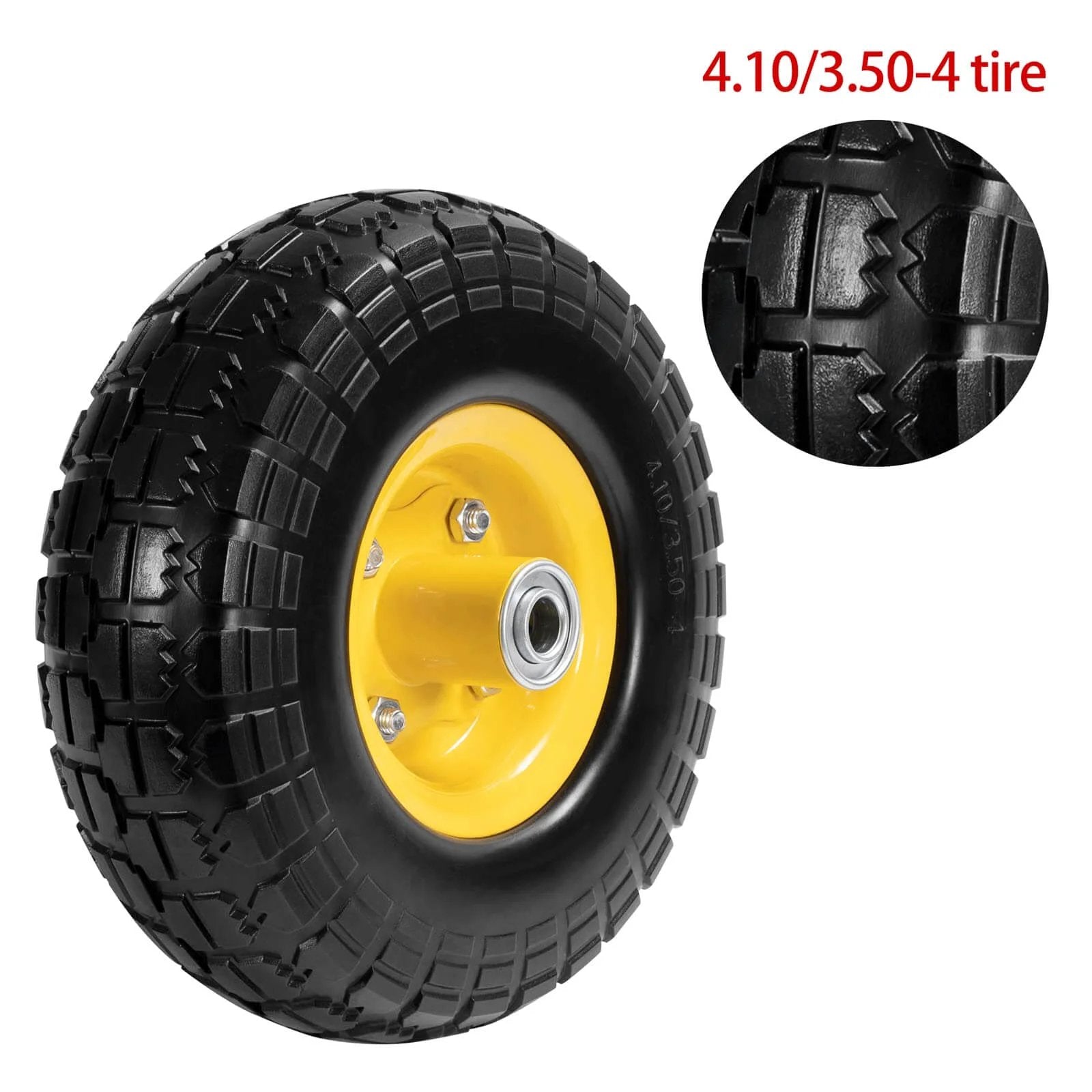 10" solid rubber tires and yellow wheels 4.10/3.50-4 with 5/8" bearings, close-up of tread pattern, heavy-duty replacement for carts, 2 pack