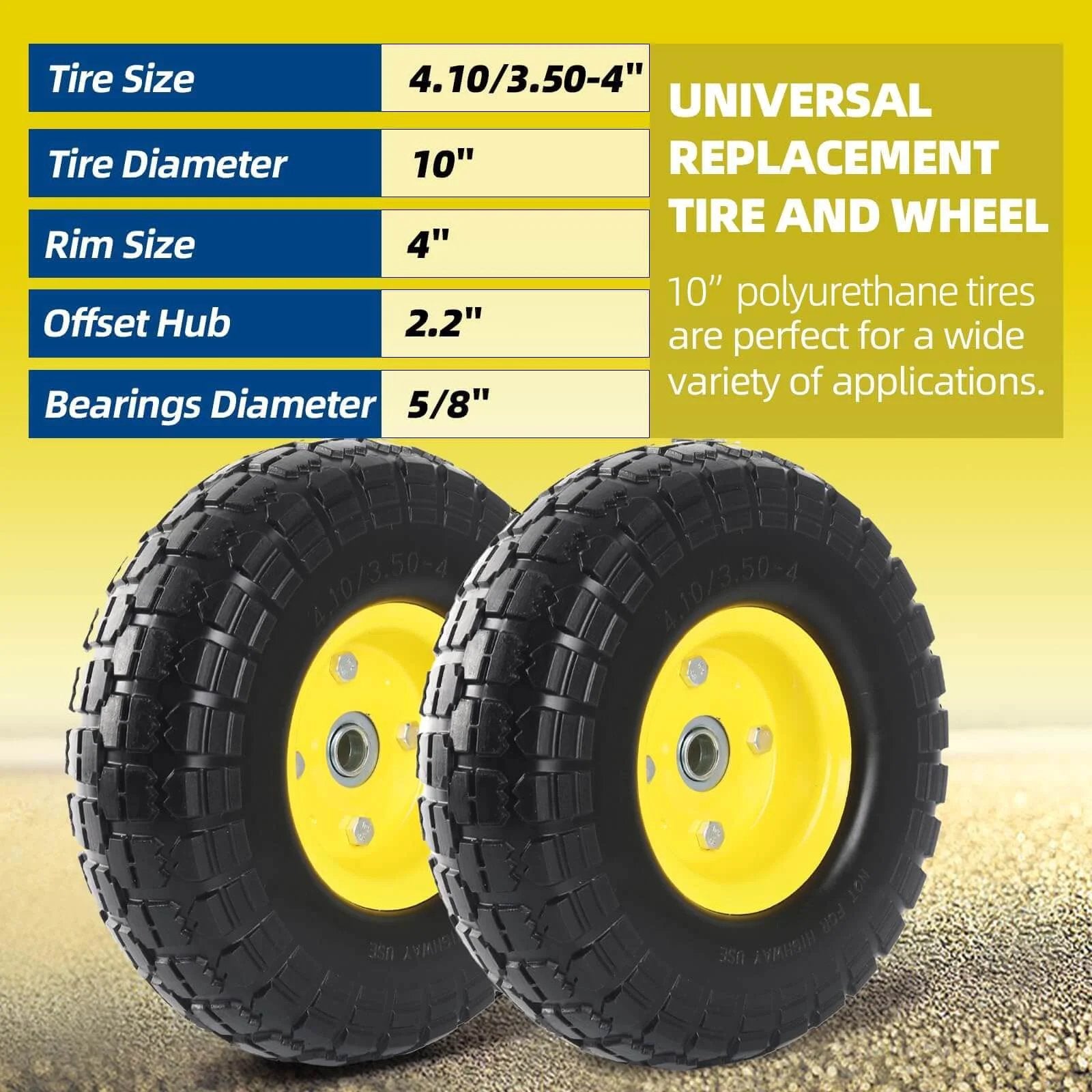 ✝️ (2-pack) 10-inch solid tire wheels - replacement 4.10/3.50-4 flat free tires and wheels with 5/8 axle bore hole bearings, 2.17 offset hub