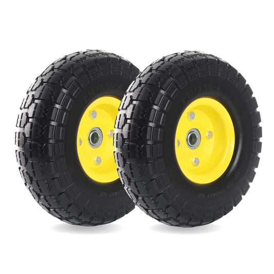 ✝️ (2-pack) 10-inch solid tire wheels - replacement 4.10/3.50-4 flat free tires and wheels with 5/8 axle bore hole bearings