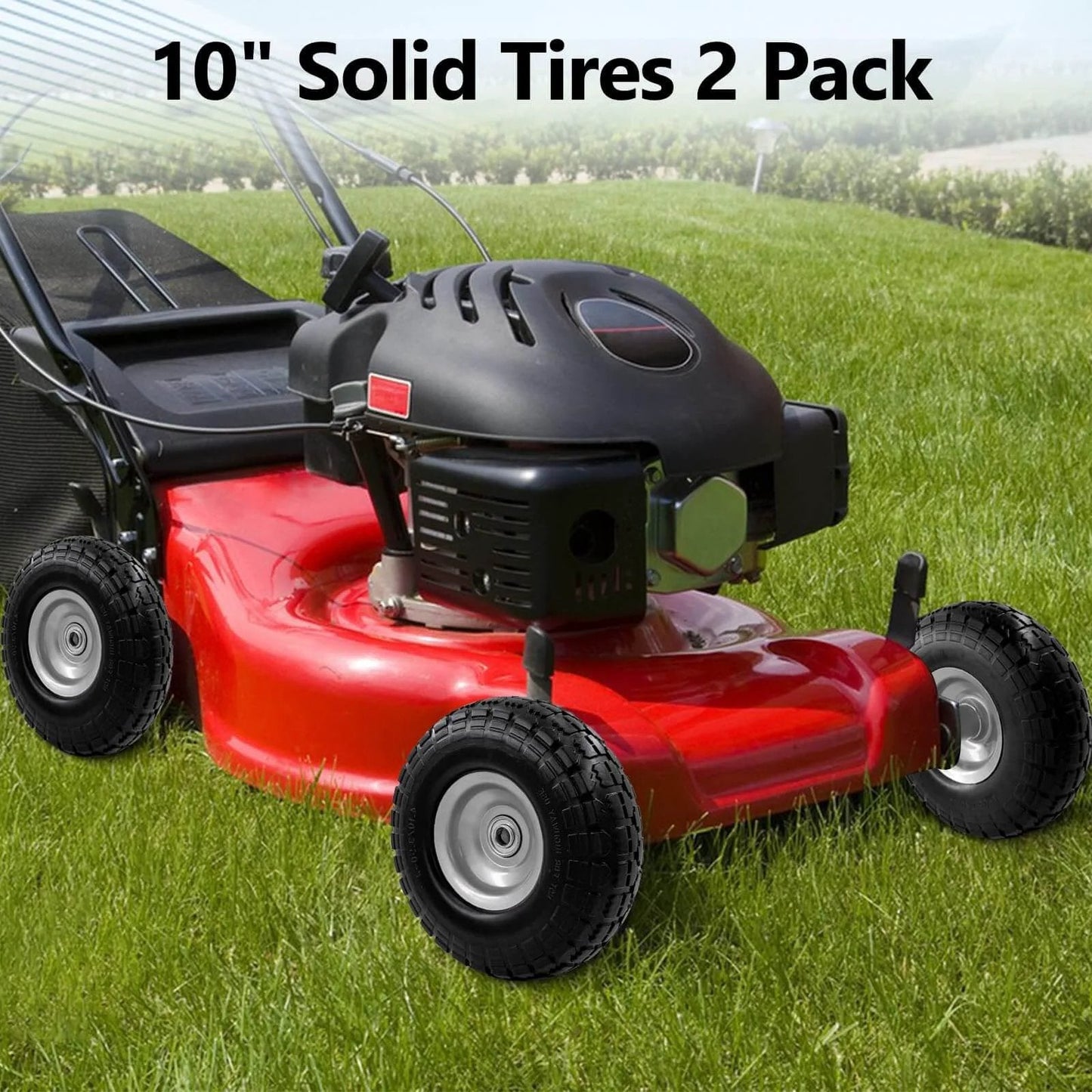 Lawn mower with 10-inch 4.10/3.50-4 tire and wheel flat free, heavy duty solid replacement tire with 5/8" bearings, (2-pack) installed