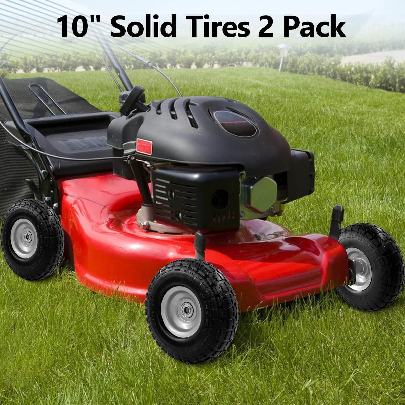 Lawn mower with 10-inch 4.10/3.50-4 tire and wheel flat free, heavy duty solid replacement tire with 5/8" bearings, (2-pack) installed