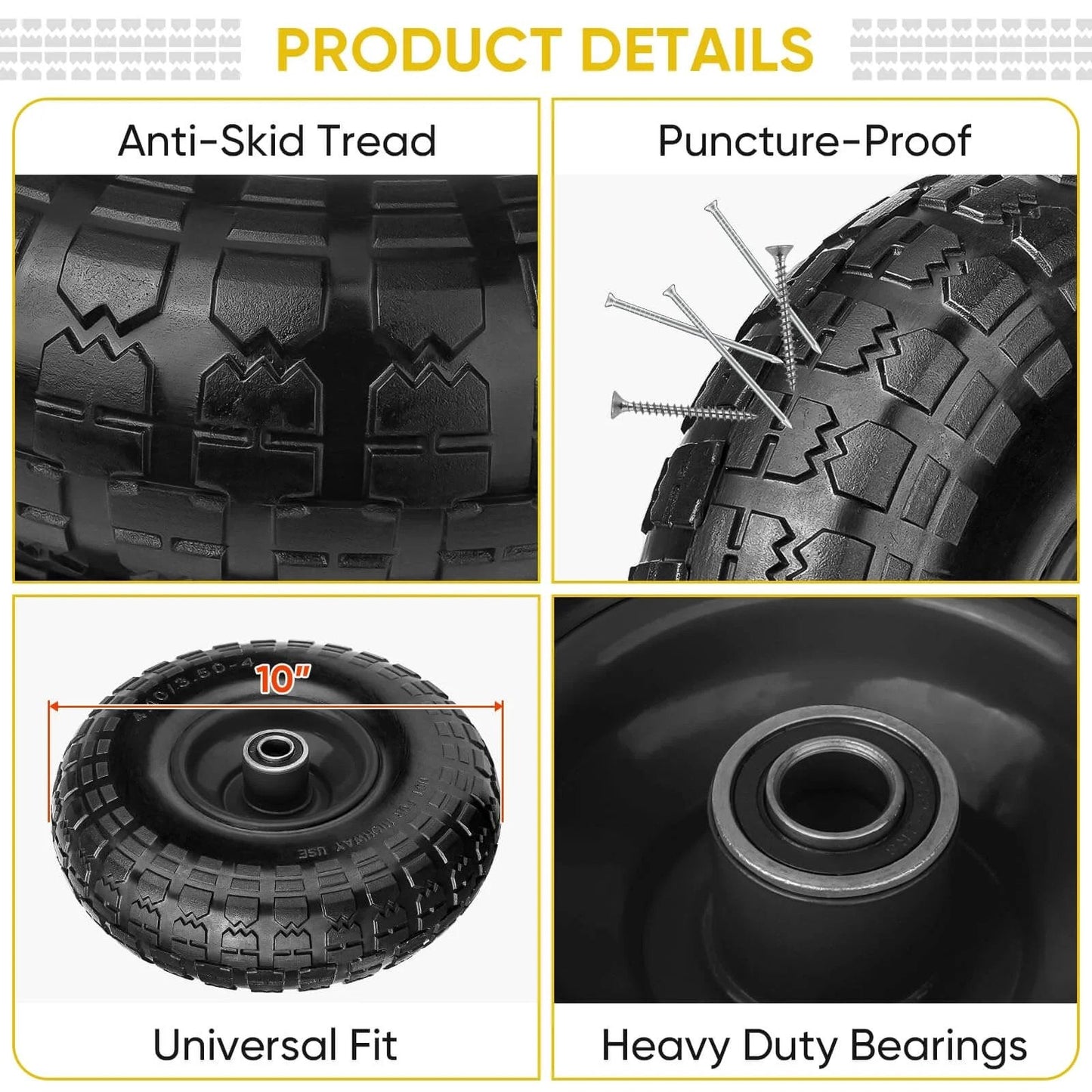 10 Inch Solid Tires 2 Pack Flat Free 4.10/3.50-4 Wheels with 5/8 Inch Axle Bore showing anti-skid tread and heavy duty bearings.