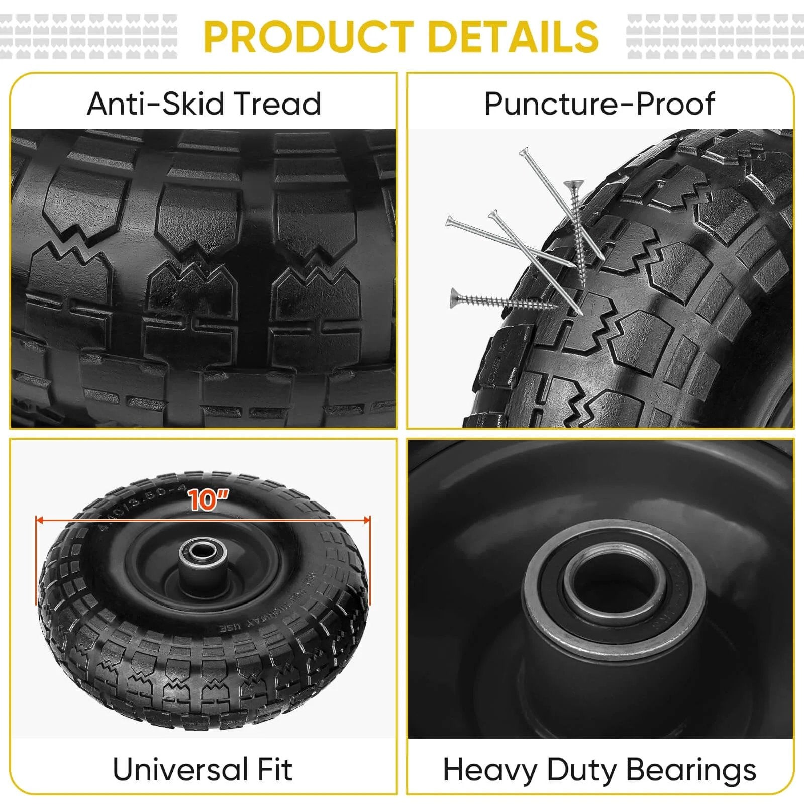 10 Inch Solid Tires 2 Pack Flat Free 4.10/3.50-4 Wheels with 5/8 Inch Axle Bore showing anti-skid tread and heavy duty bearings.