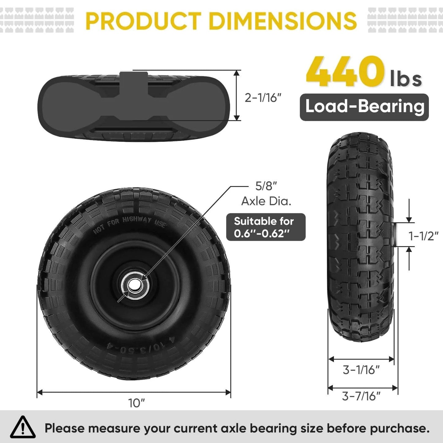 10 Inch Solid Tires 2 Pack Flat Free 4.10/3.50-4 Wheels with 5/8 Inch Axle Bore and Double Sealed Bearings dimensions and load capacity displayed.